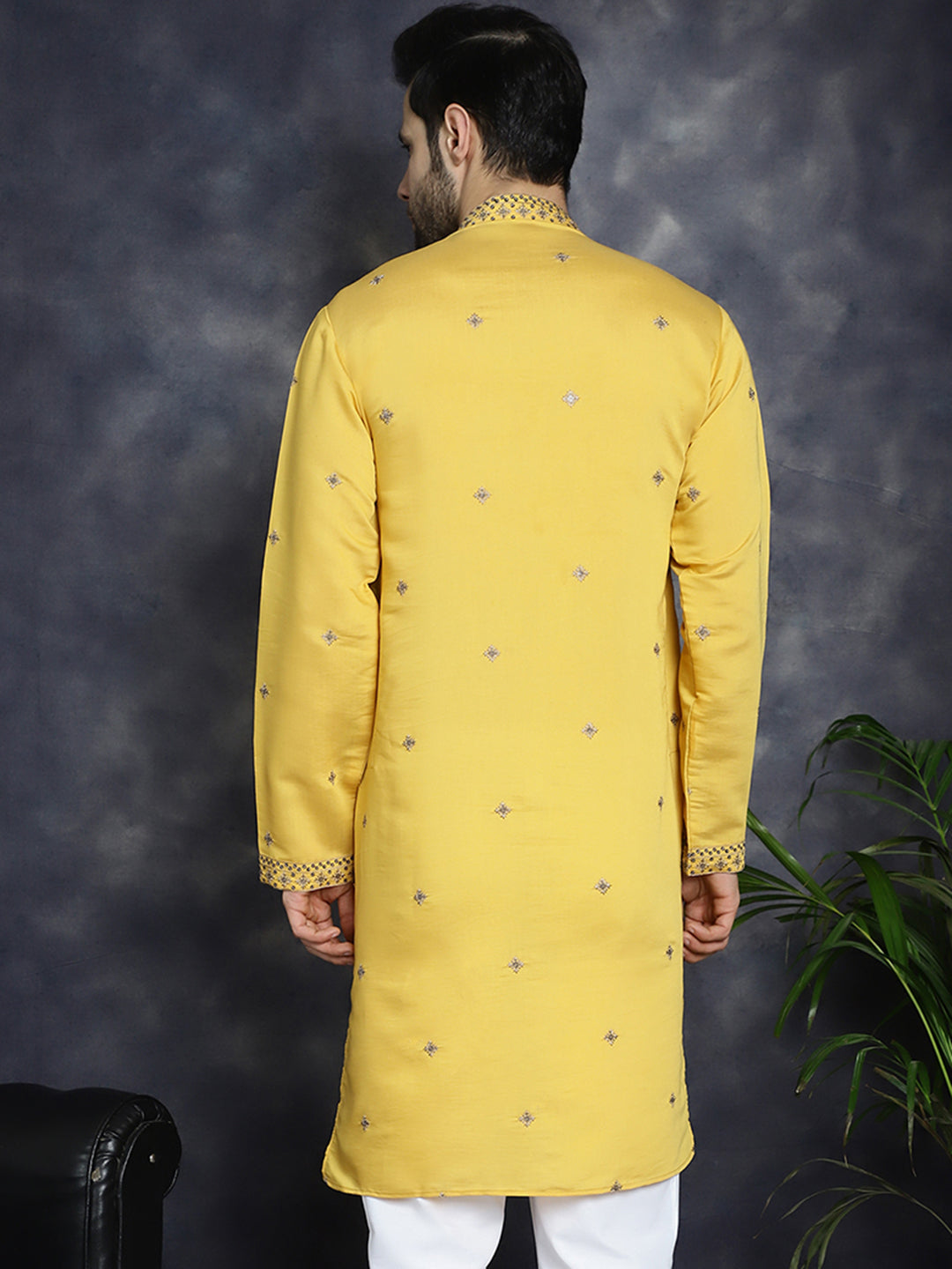 Yellow Sequin Embroidered Mens Kurta - Indian Kurta for Men