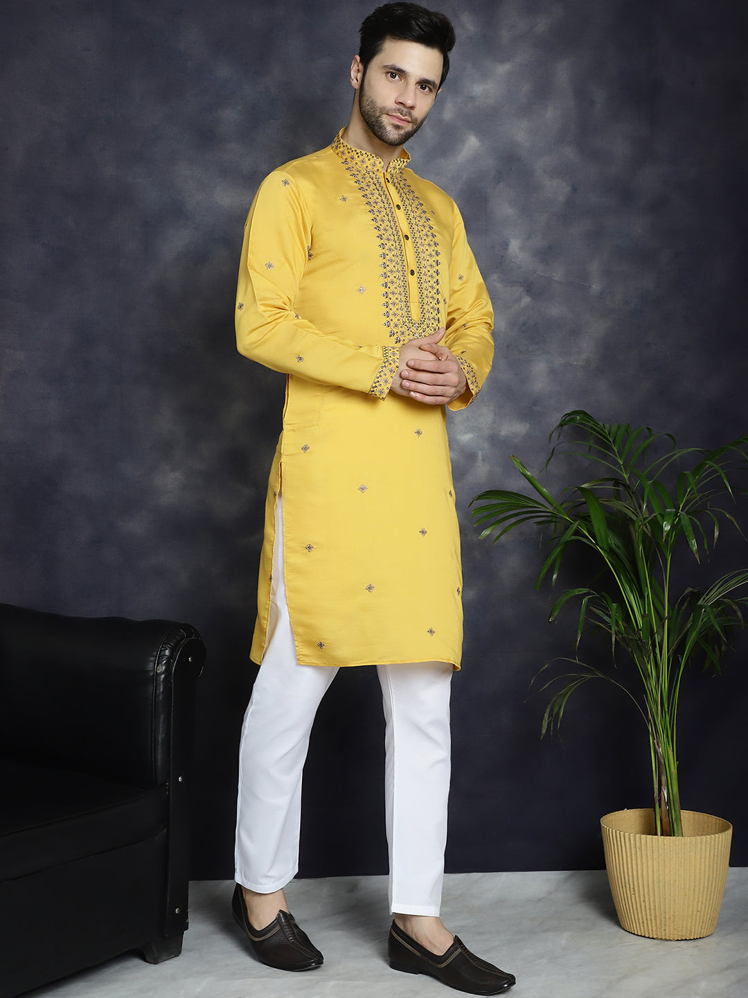 Yellow Sequin Embroidered Mens Kurta - Indian Kurta for Men