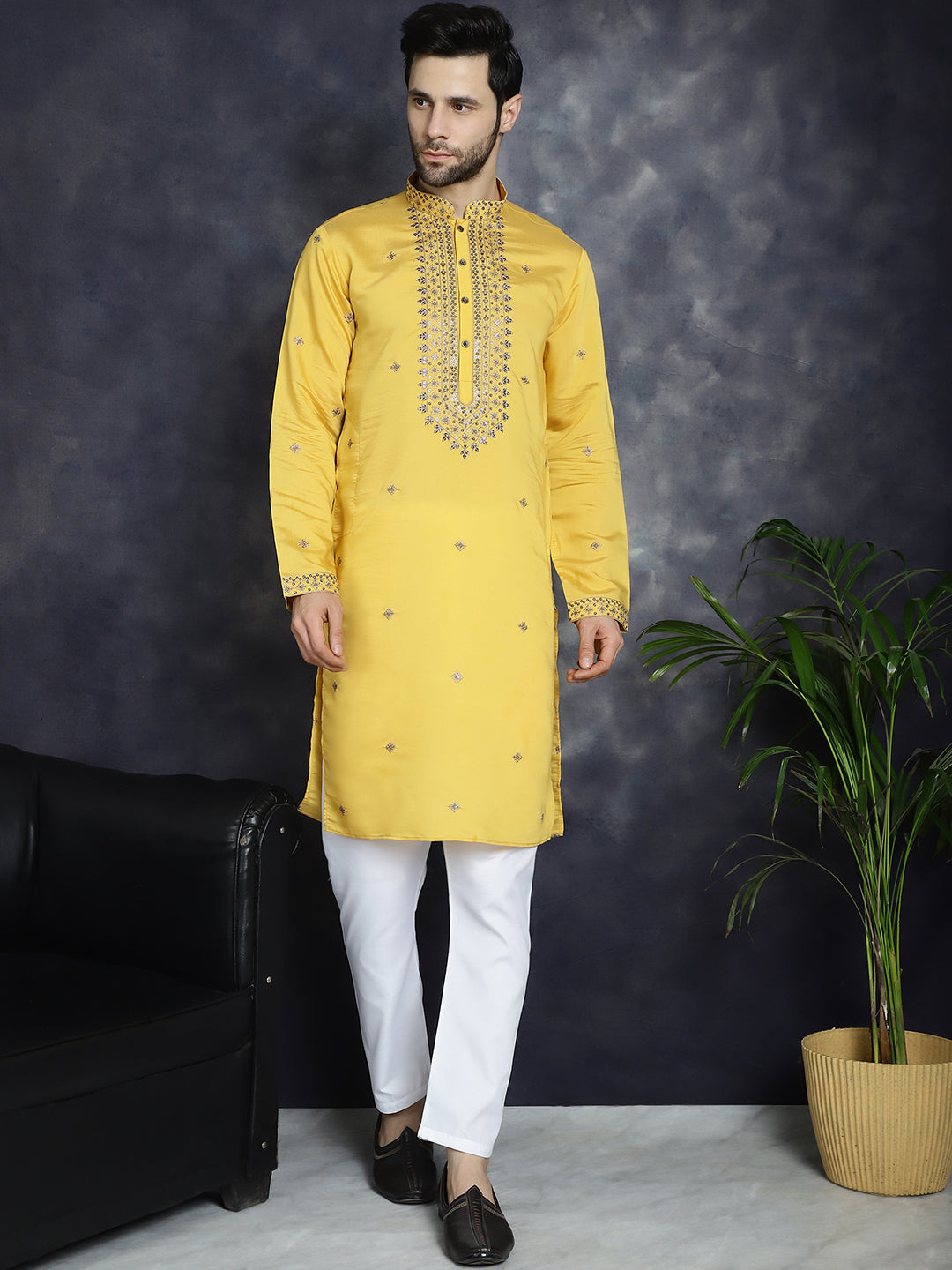 Yellow Sequin Embroidered Mens Kurta - Indian Kurta for Men