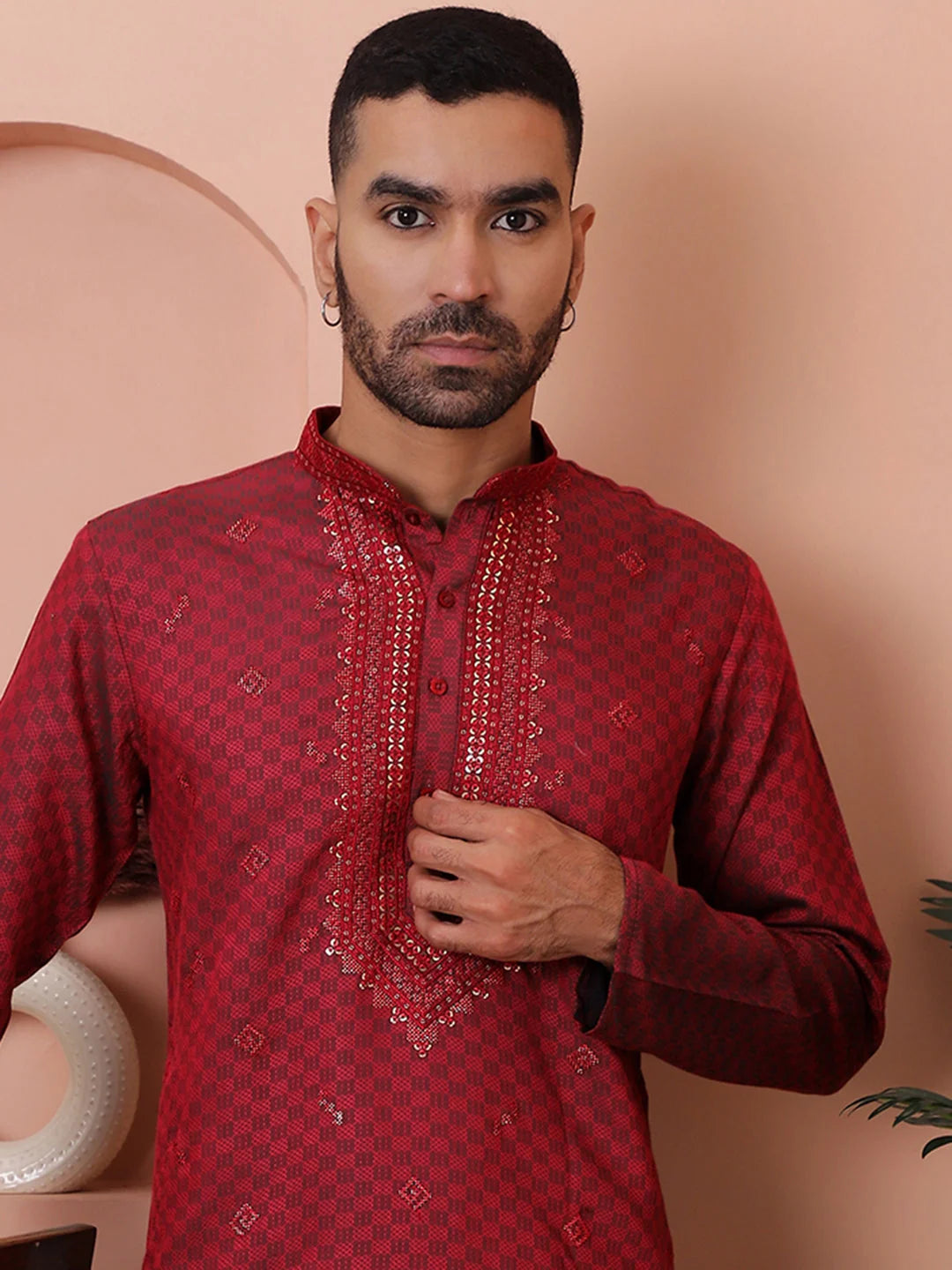 Men's Maroon Embroidered Indian Kurta | Wedding Kurta for Men