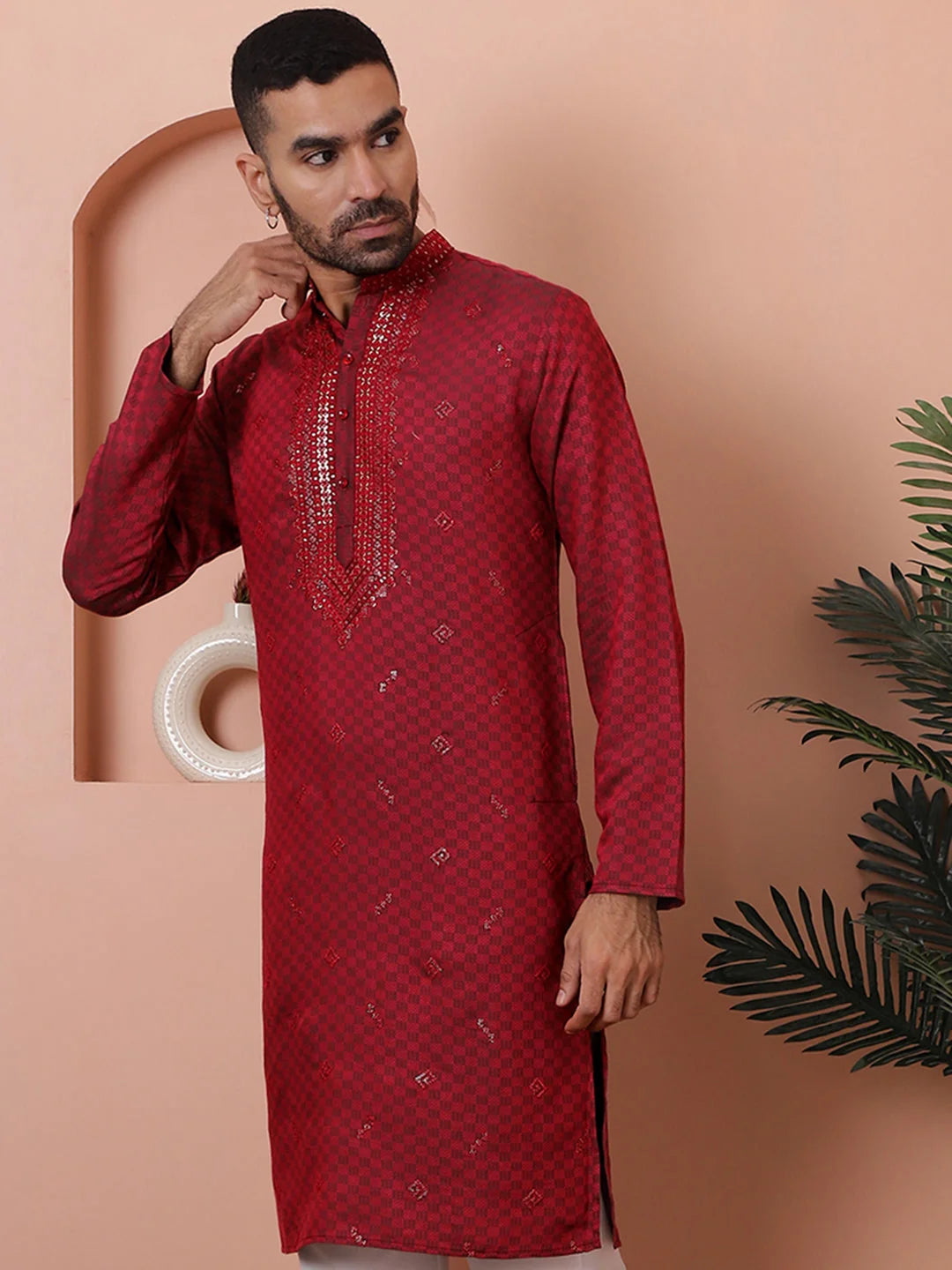 Men's Maroon Embroidered Indian Kurta | Wedding Kurta for Men