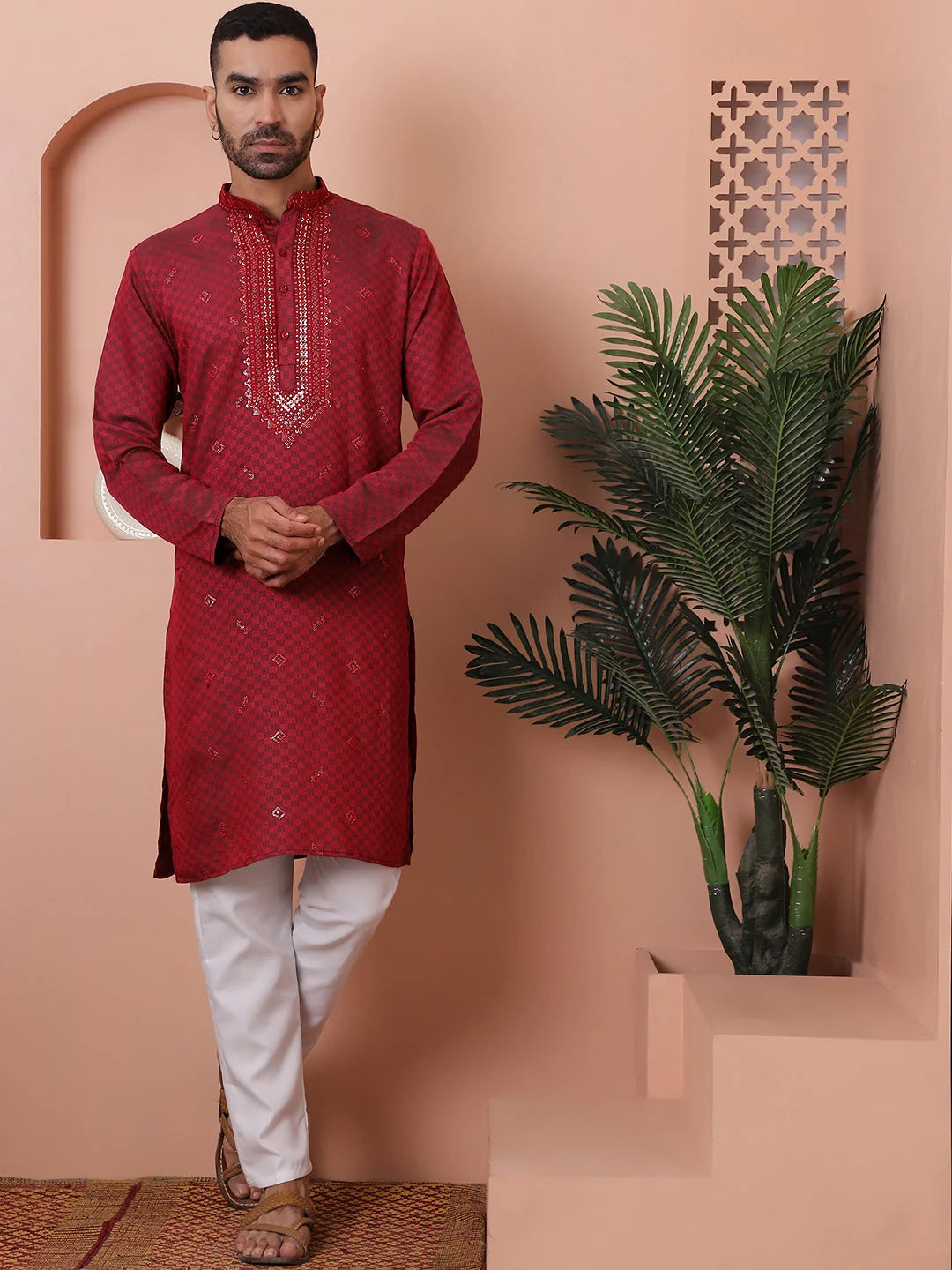 Men's Maroon Embroidered Indian Kurta | Wedding Kurta for Men