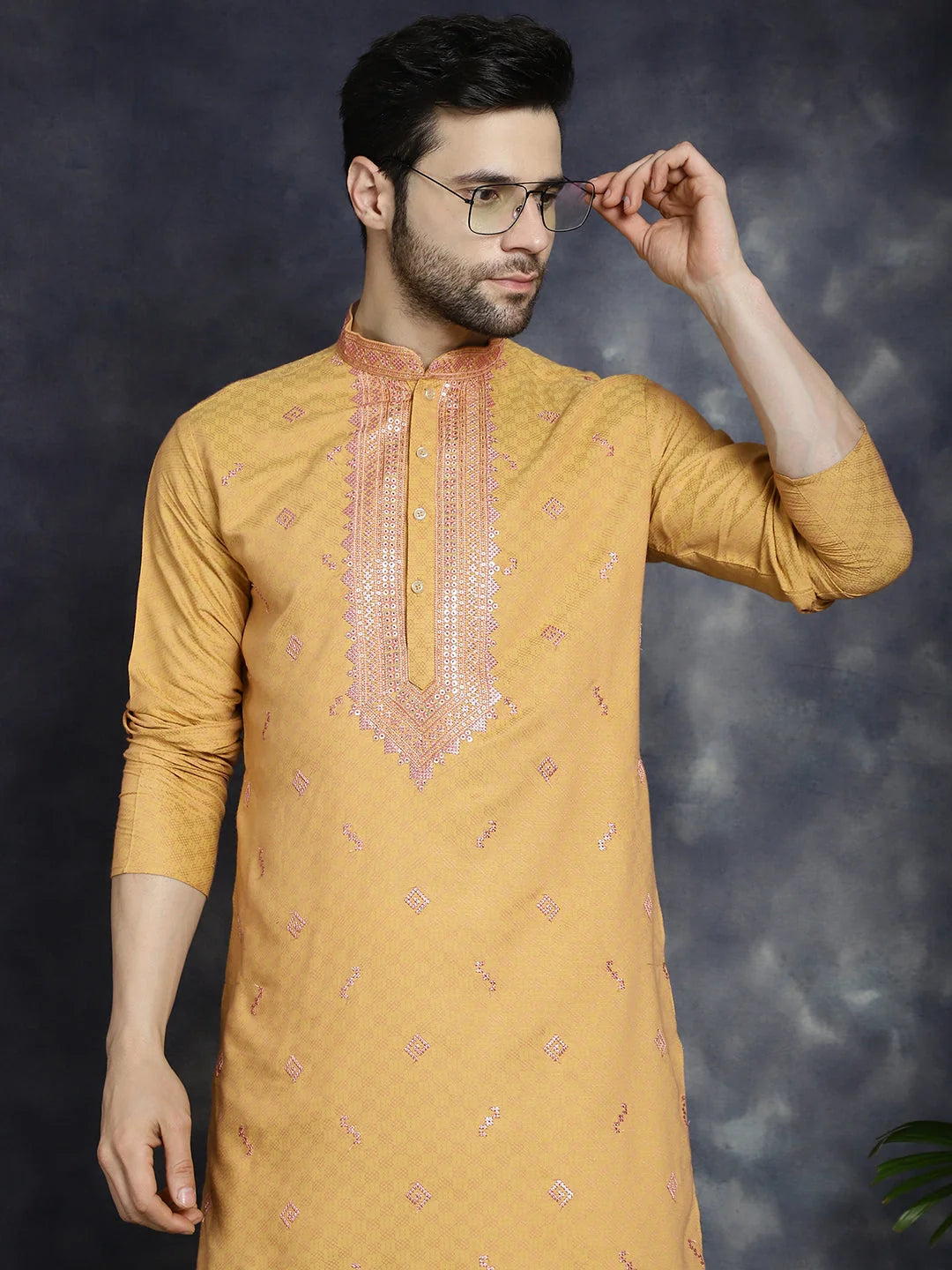 Men's Orange Sequins Embroidered Cotton Indian Kurta