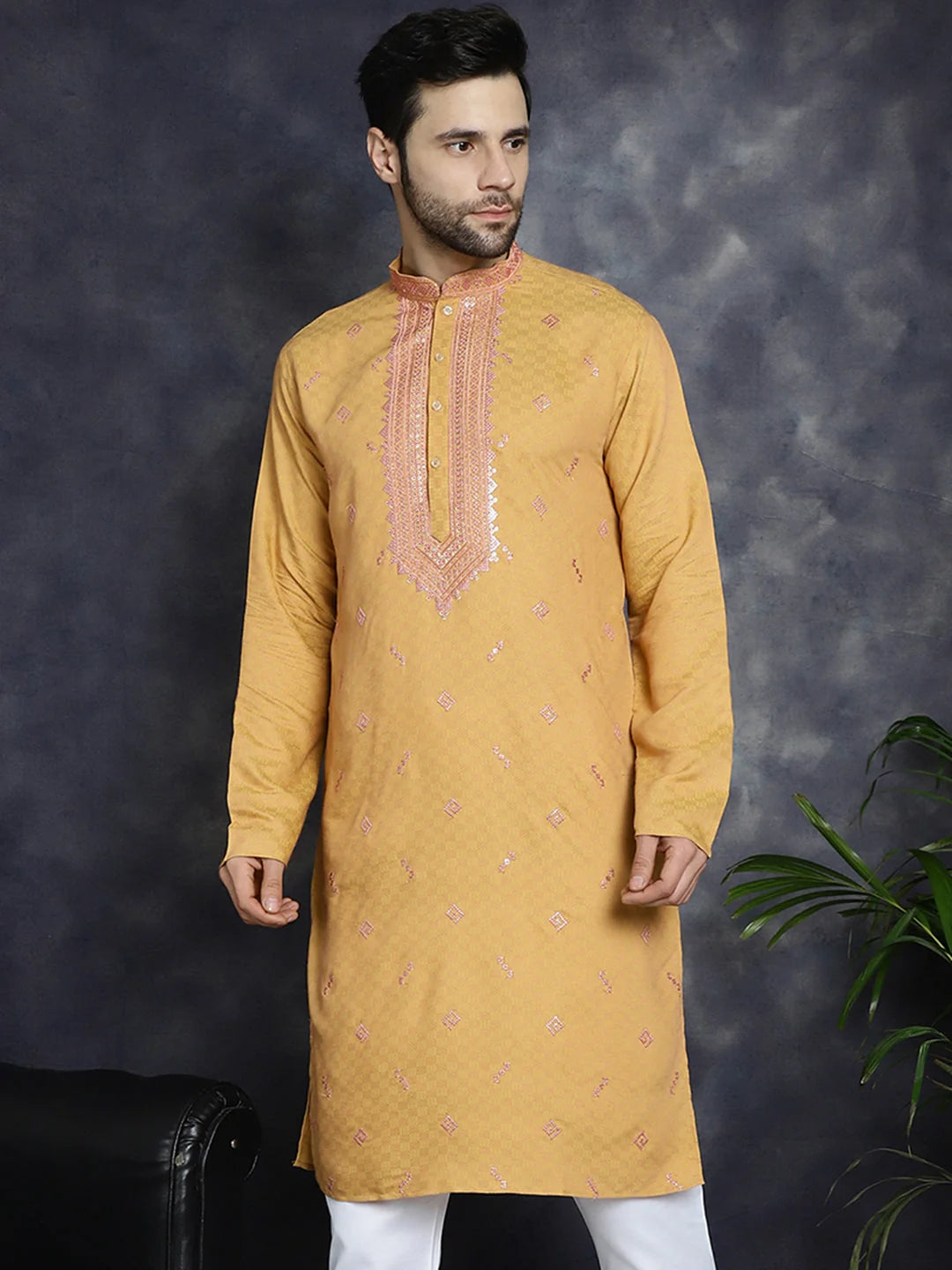 Men's Orange Sequins Embroidered Cotton Indian Kurta