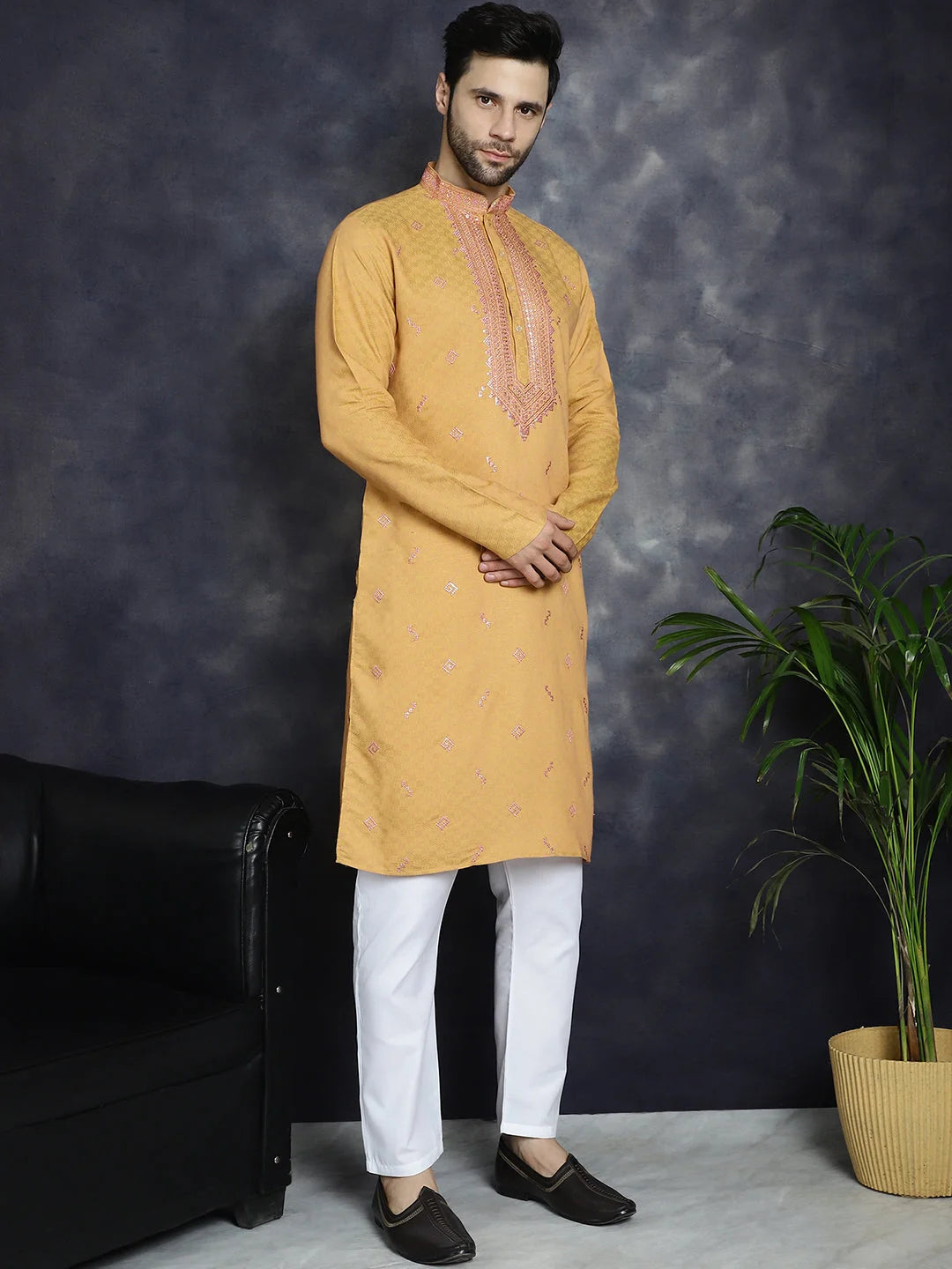 Men's Orange Sequins Embroidered Cotton Indian Kurta