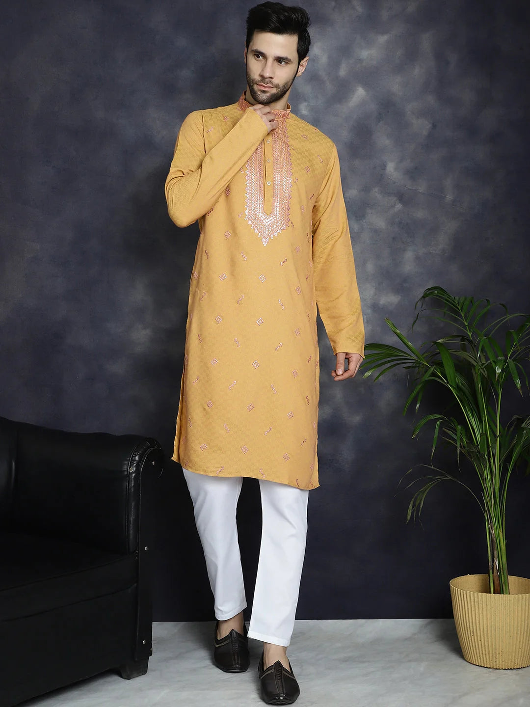 Men's Orange Sequins Embroidered Cotton Indian Kurta