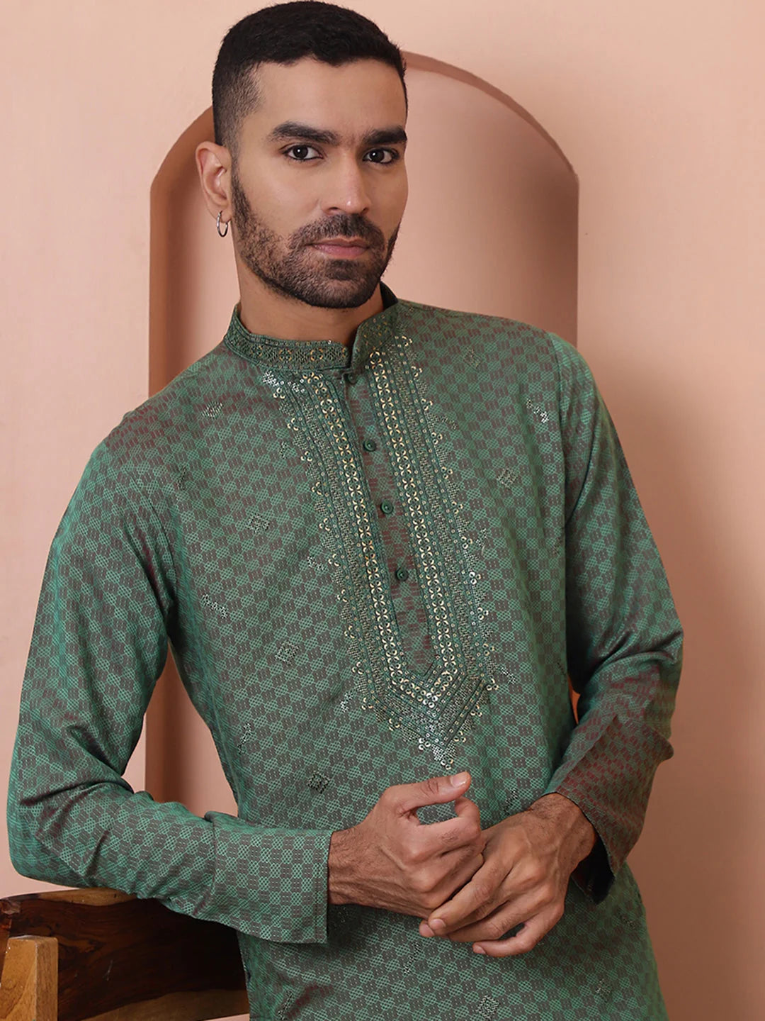 Men's Sequins Embroidered Kurtas-KO-5047Sea-Green