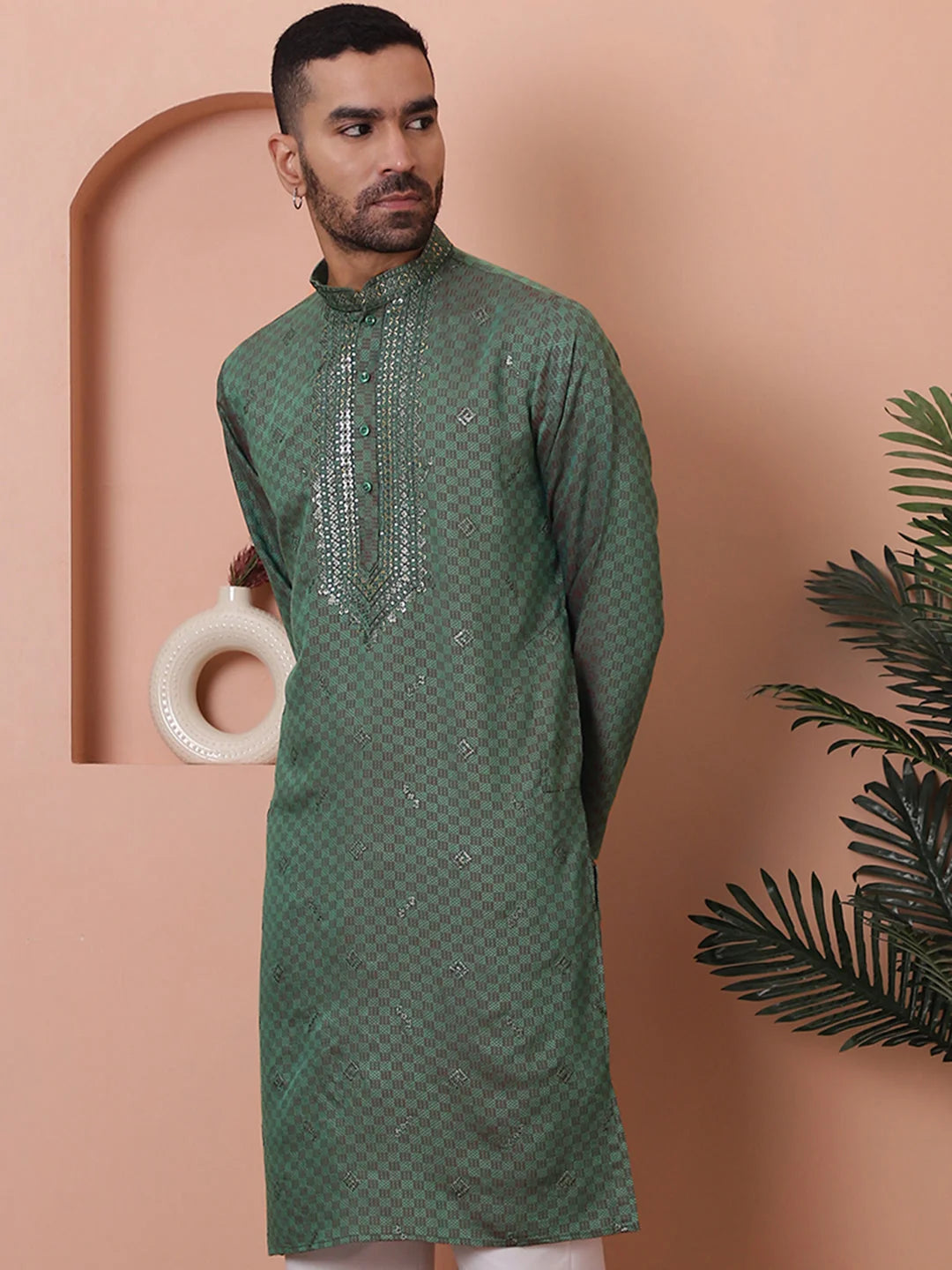 Men's Sea Green Embroidered Indian Kurta | Wedding Kurta