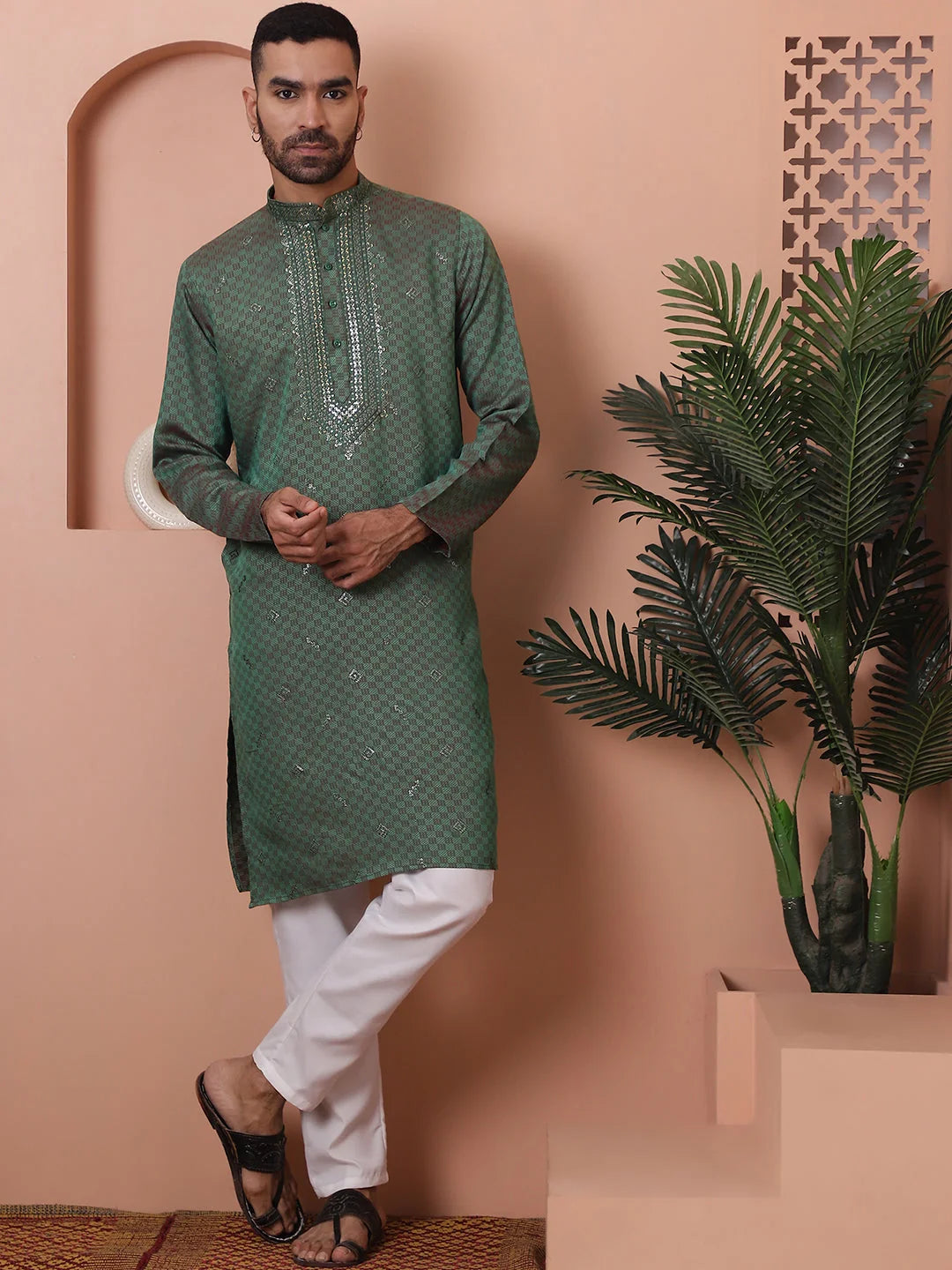 Men's Sea Green Embroidered Indian Kurta | Wedding Kurta