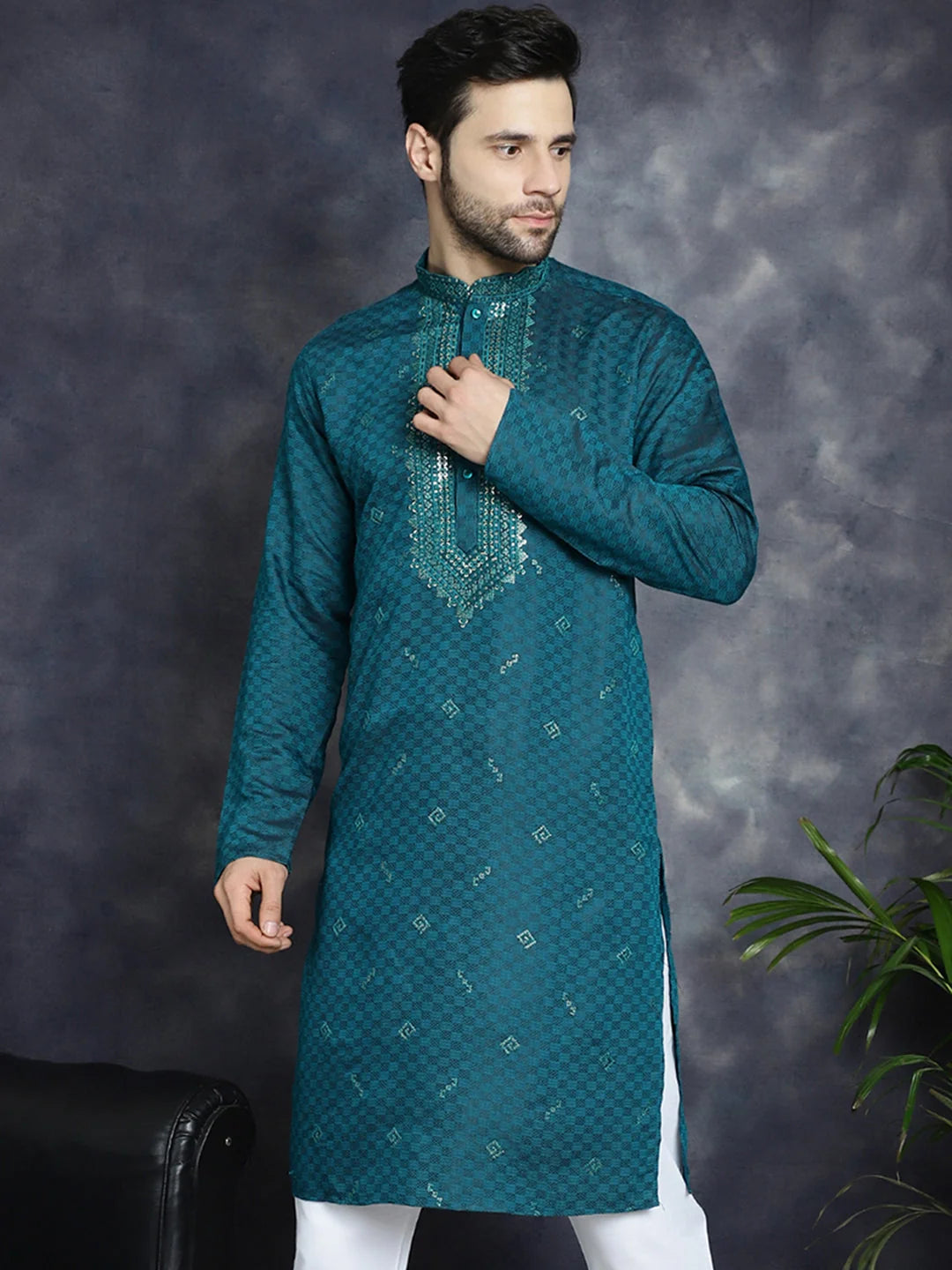 Teal Sequins Embroidered Indian Kurta - Men's Cotton Kurta