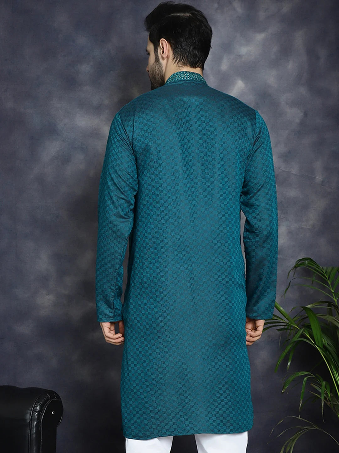 Teal Sequins Embroidered Indian Kurta - Men's Cotton Kurta