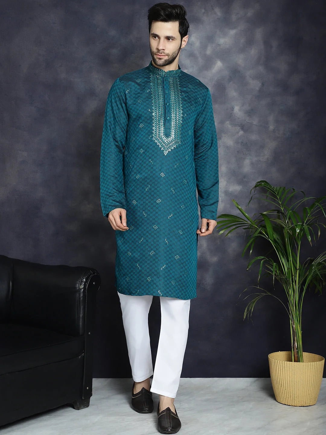 Teal Sequins Embroidered Indian Kurta - Men's Cotton Kurta