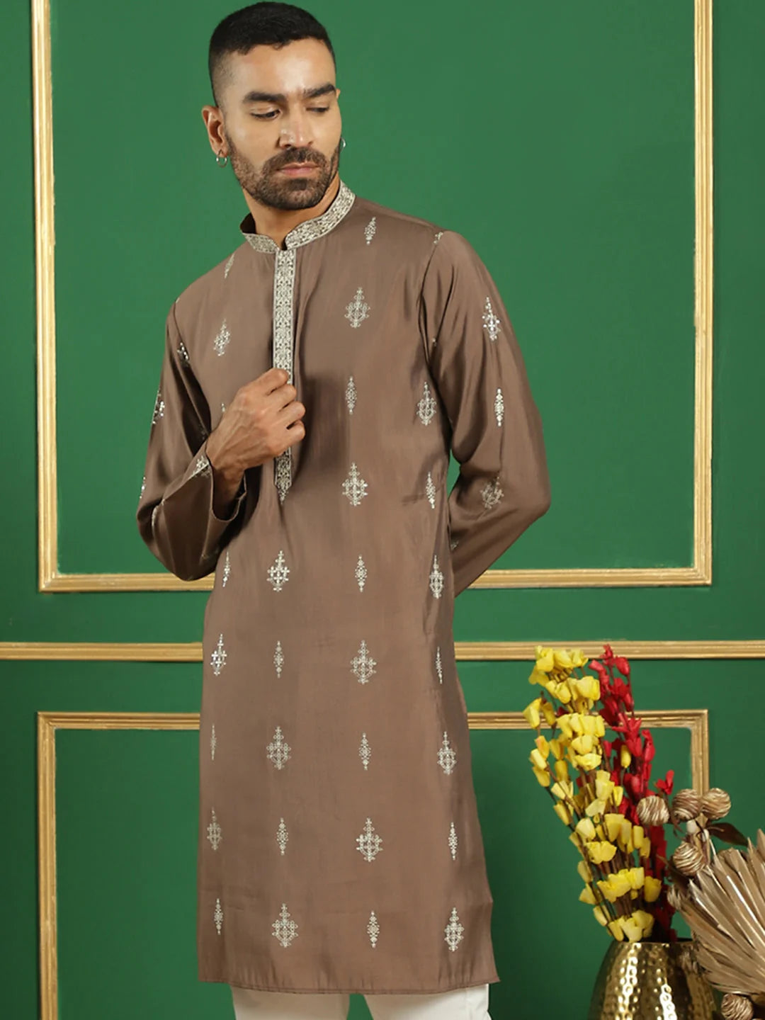 Brown Men's Kurta: Silk Cotton Indian Kurta for Men