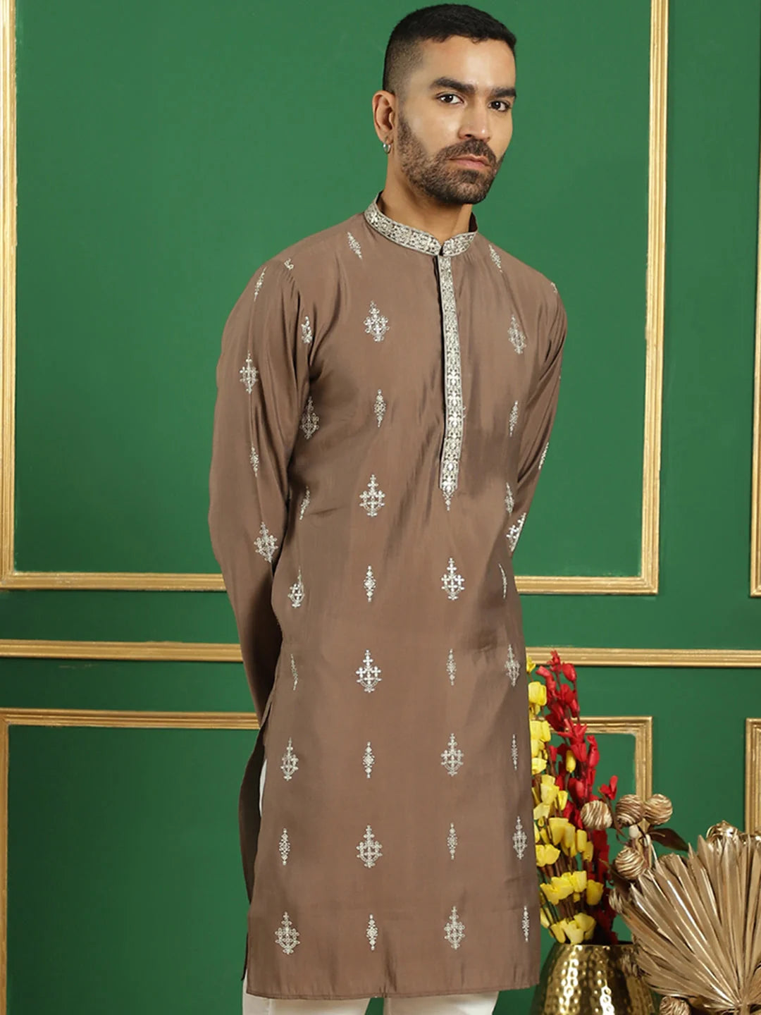 Brown Men's Kurta: Silk Cotton Indian Kurta for Men