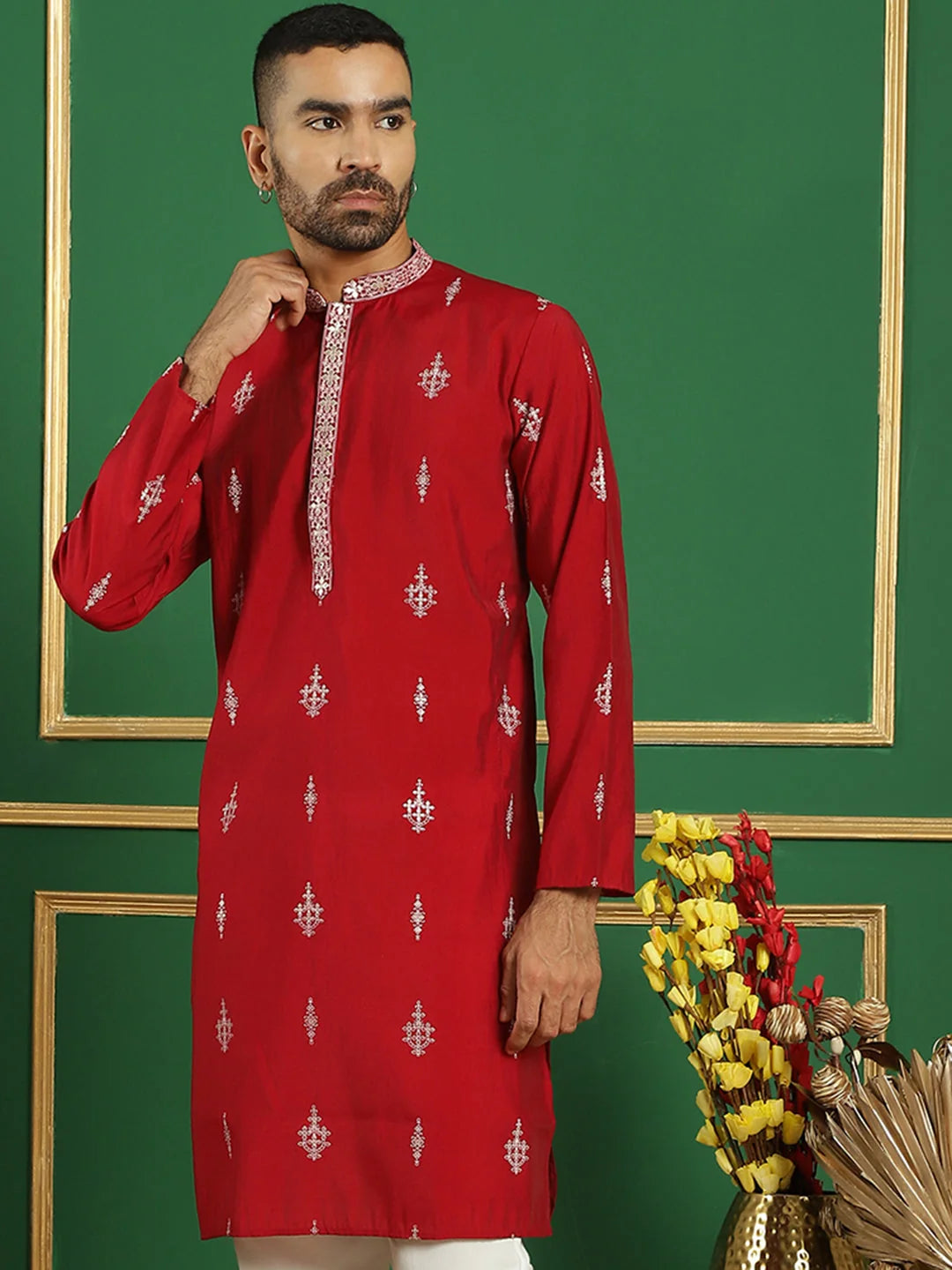 Maroon Men's Kurta: Silk Cotton Indian Kurta for Men