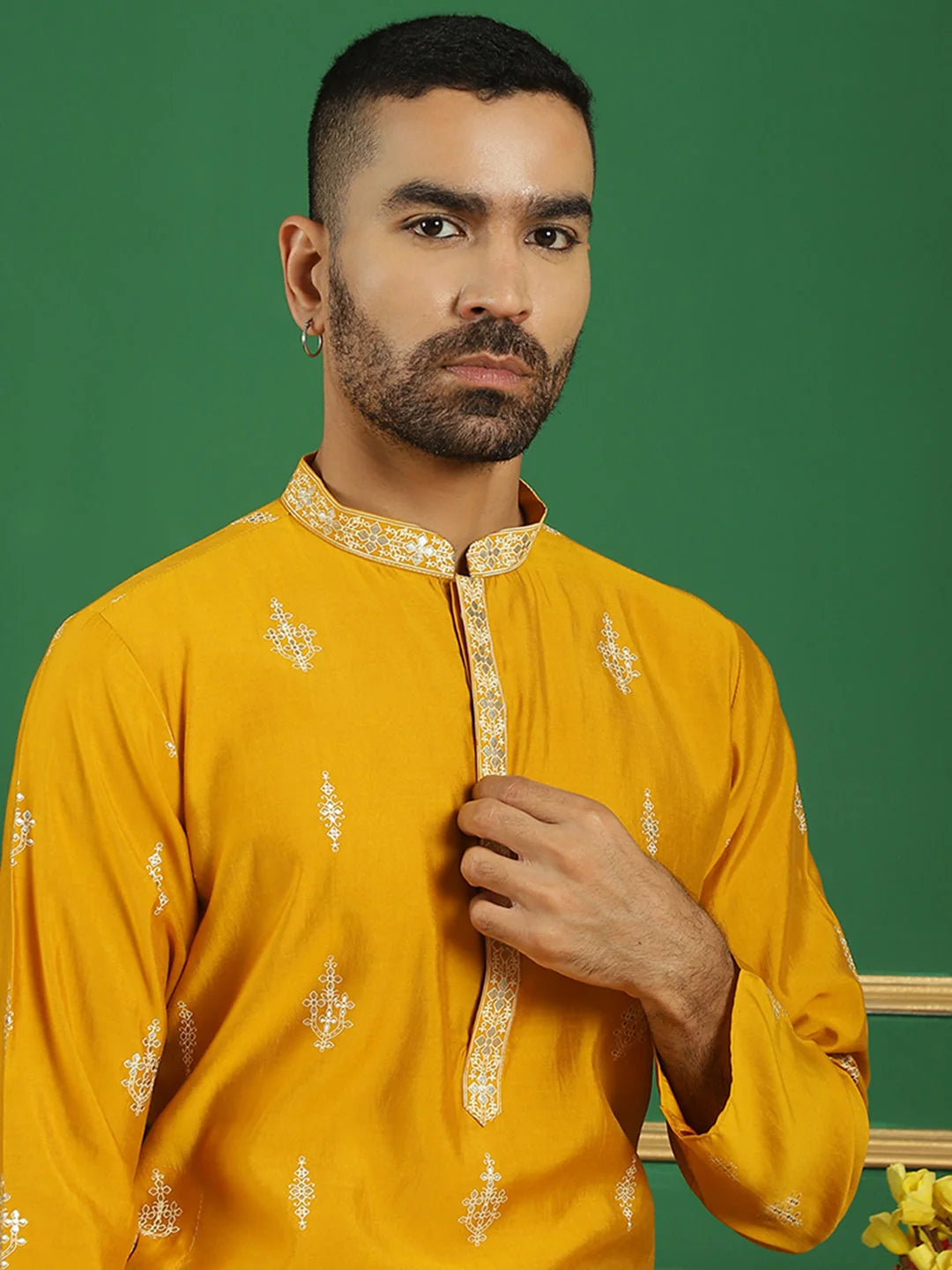 Men's Mustard Geometric Printed Kurta | Silk Indian Kurta