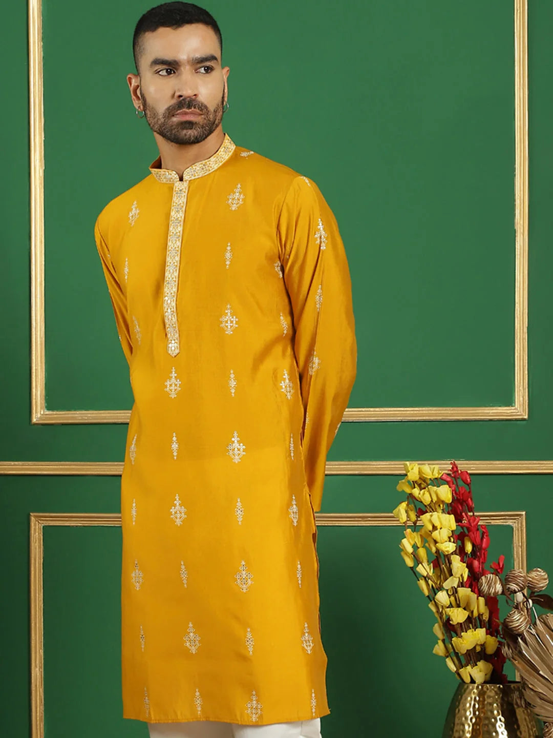 Men's Mustard Geometric Printed Kurta | Silk Indian Kurta