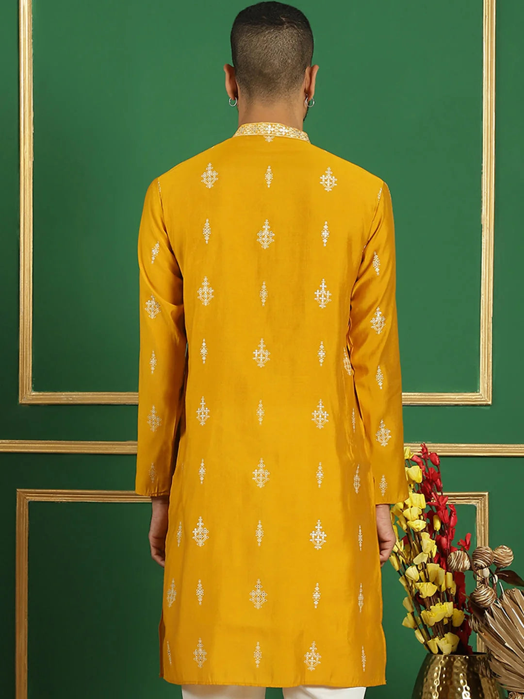 Men's Mustard Geometric Printed Kurta | Silk Indian Kurta