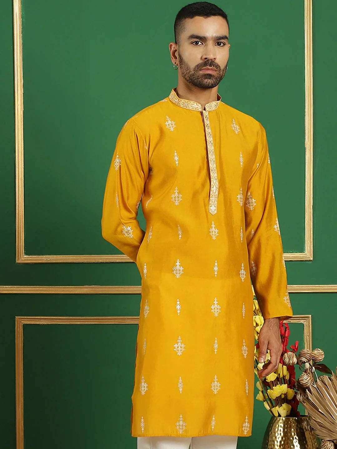Men's Mustard Geometric Printed Kurta | Silk Indian Kurta