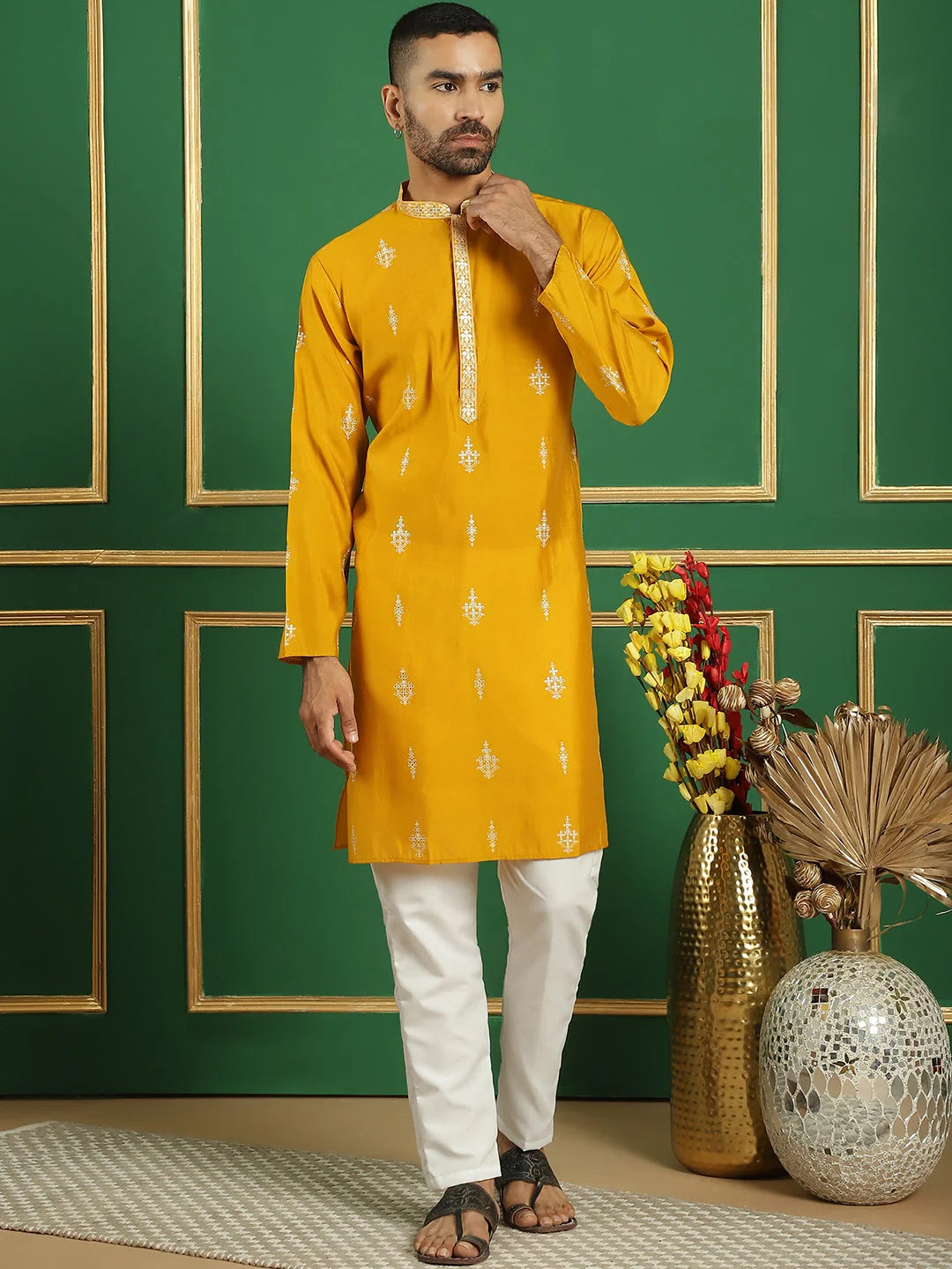 Men's Mustard Geometric Printed Kurta | Silk Indian Kurta