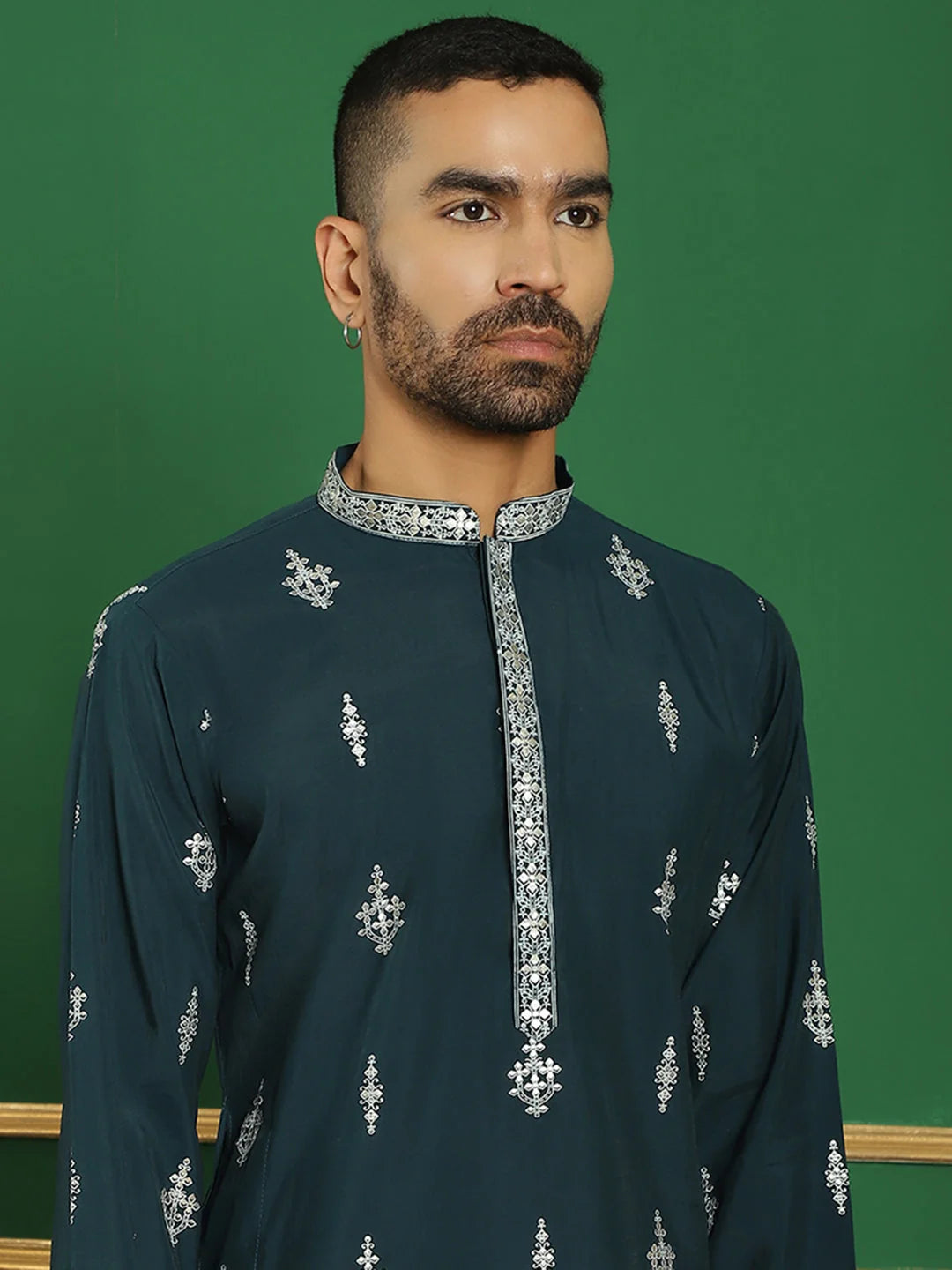 Men's Teal Geometric Printed Kurta | Wedding Kurta for Men