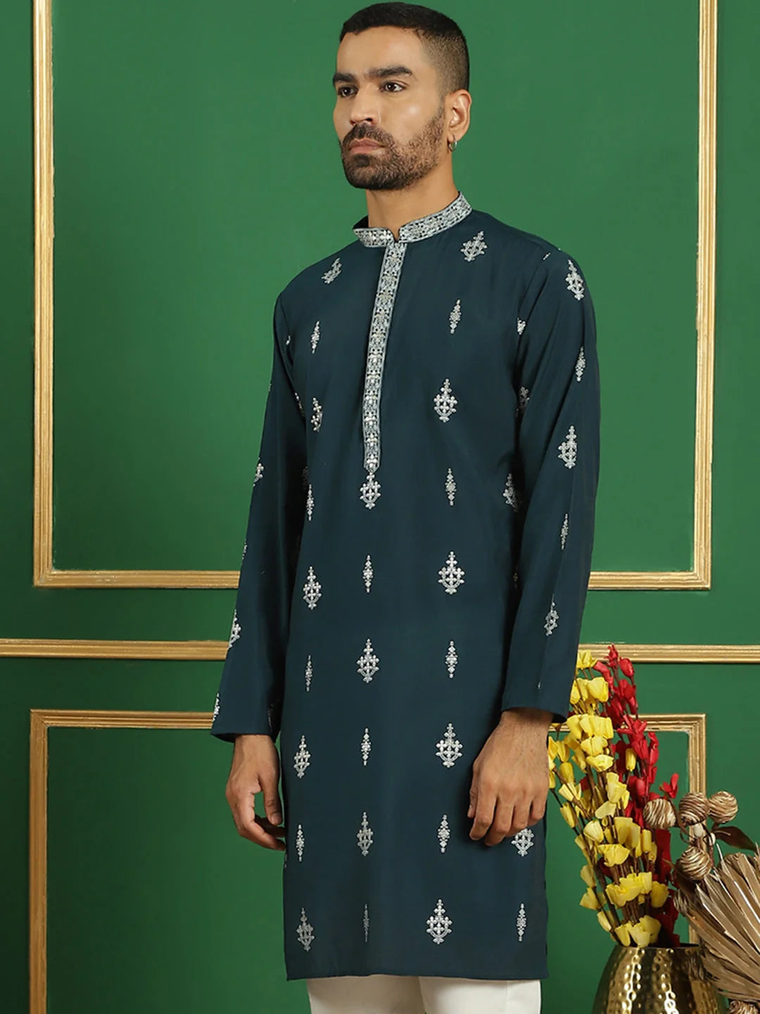Men's Teal Geometric Printed Kurta | Wedding Kurta for Men