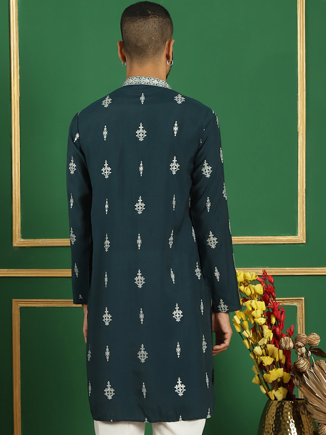 Men's Teal Geometric Printed Kurta | Wedding Kurta for Men