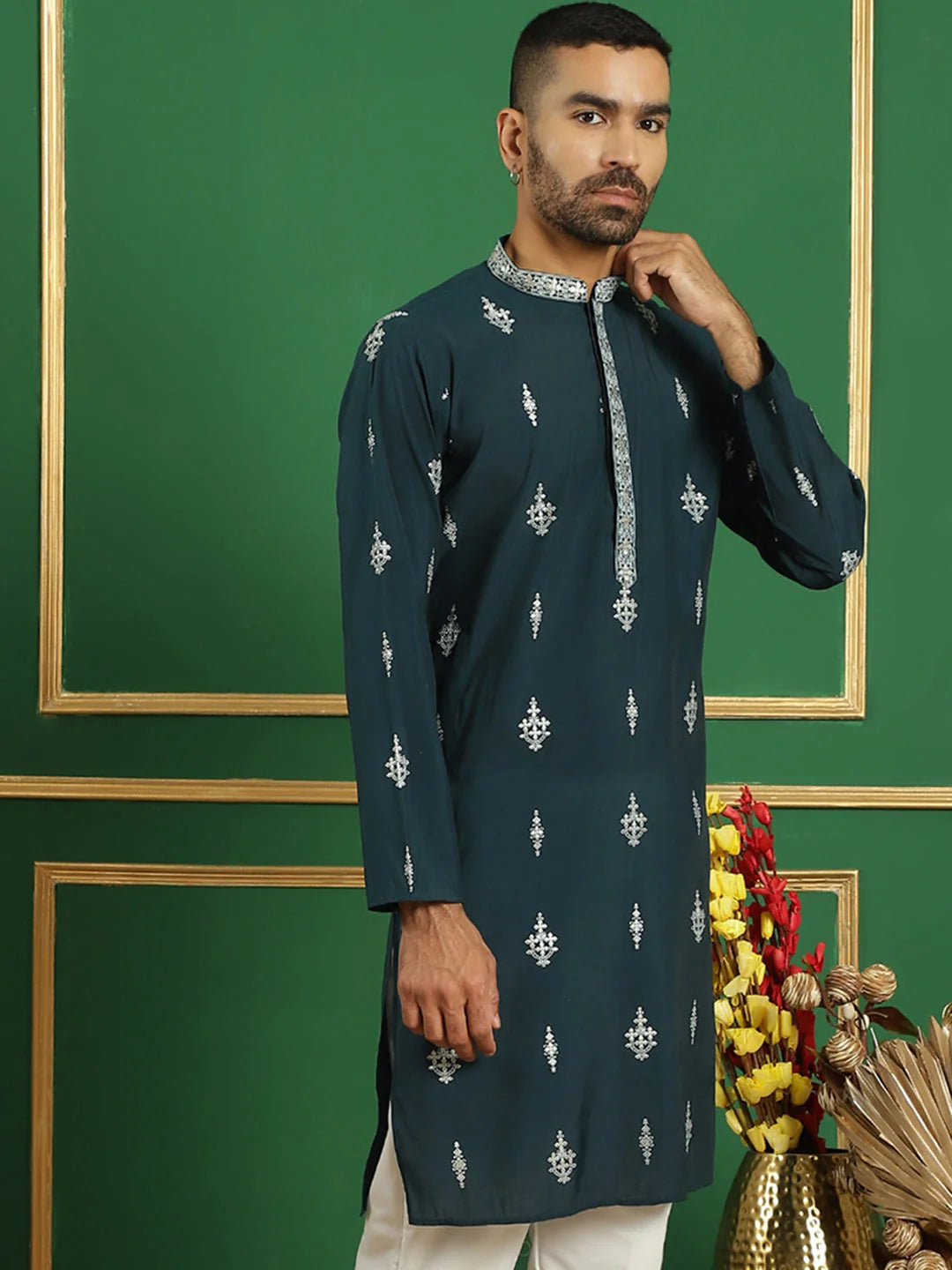 Men's Teal Geometric Printed Kurta | Wedding Kurta for Men