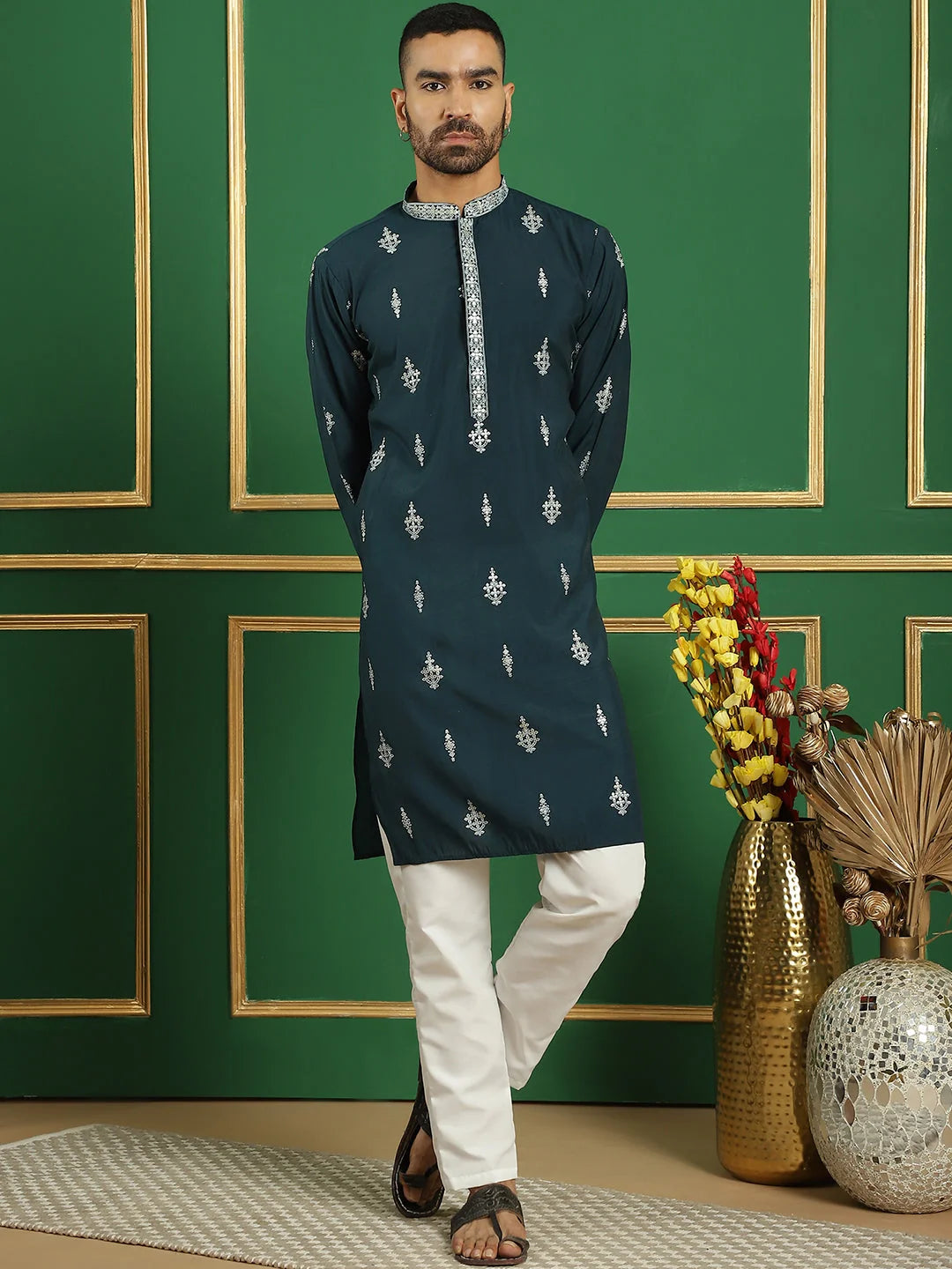Men's Teal Geometric Printed Kurta | Wedding Kurta for Men
