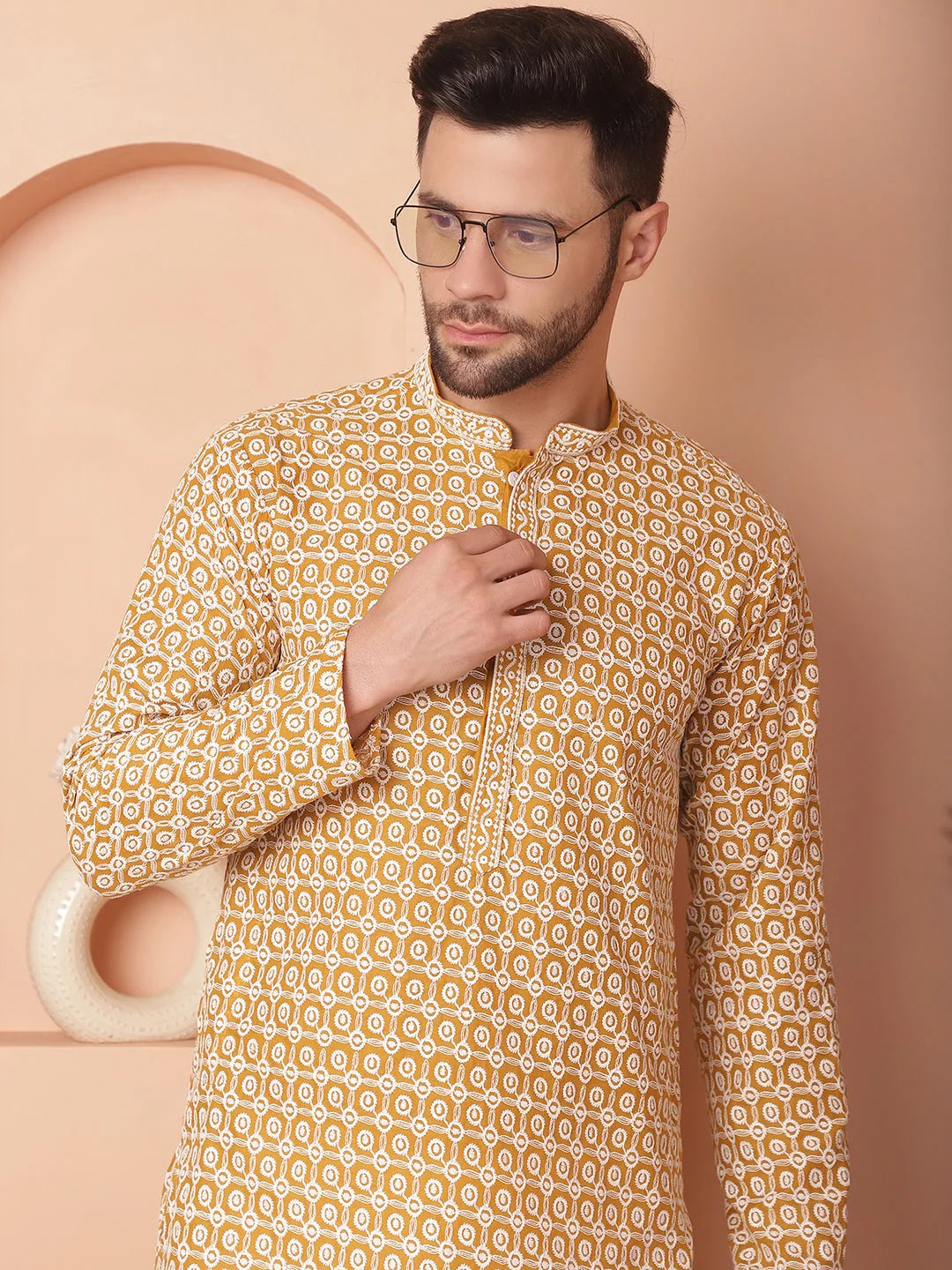 Mustard Chikankari Indian Kurta for Men - Cotton Mens Kurta