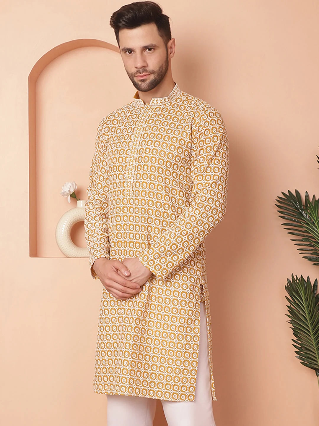 Mustard Chikankari Indian Kurta for Men - Cotton Mens Kurta