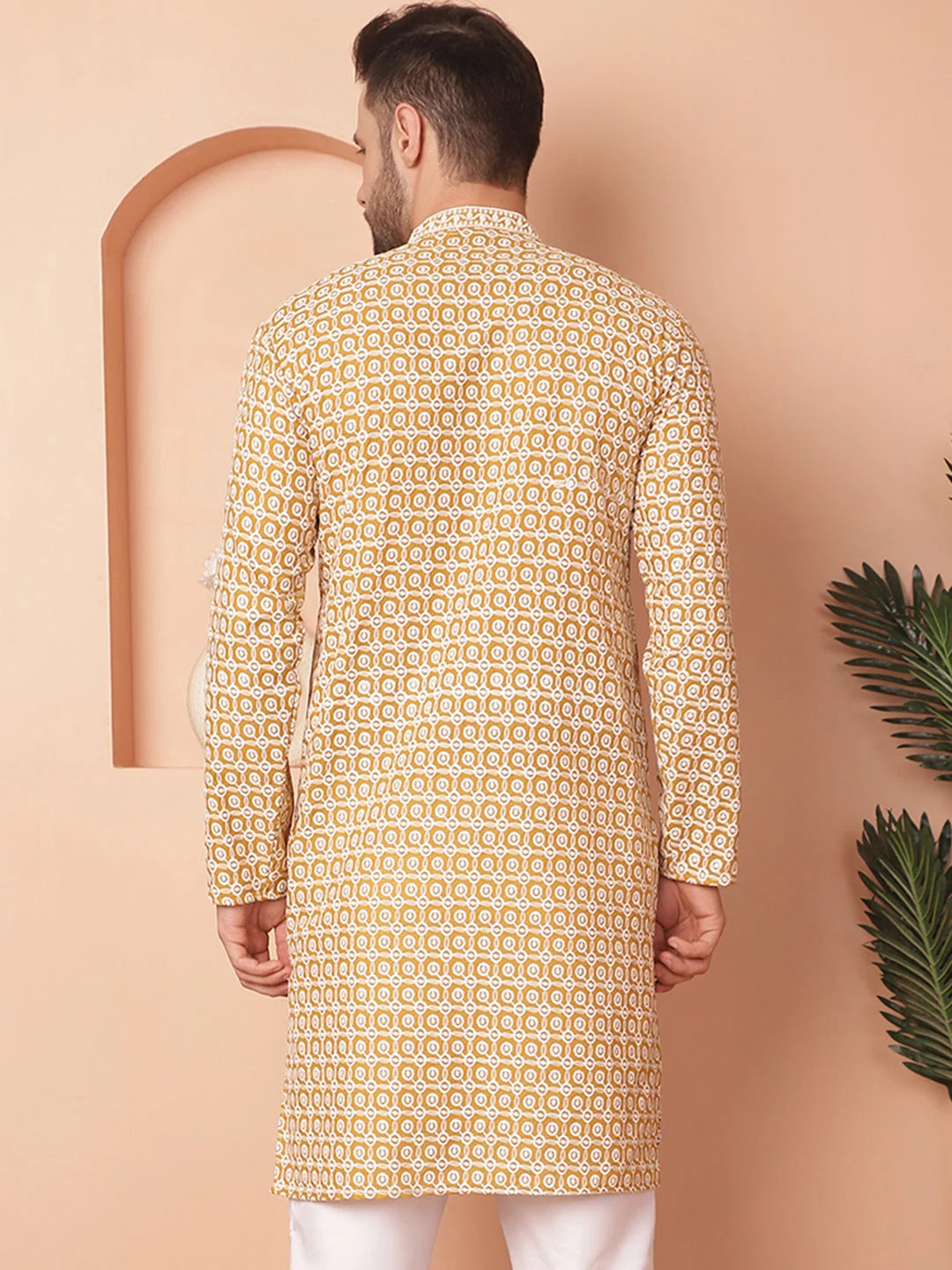 Mustard Chikankari Indian Kurta for Men - Cotton Mens Kurta