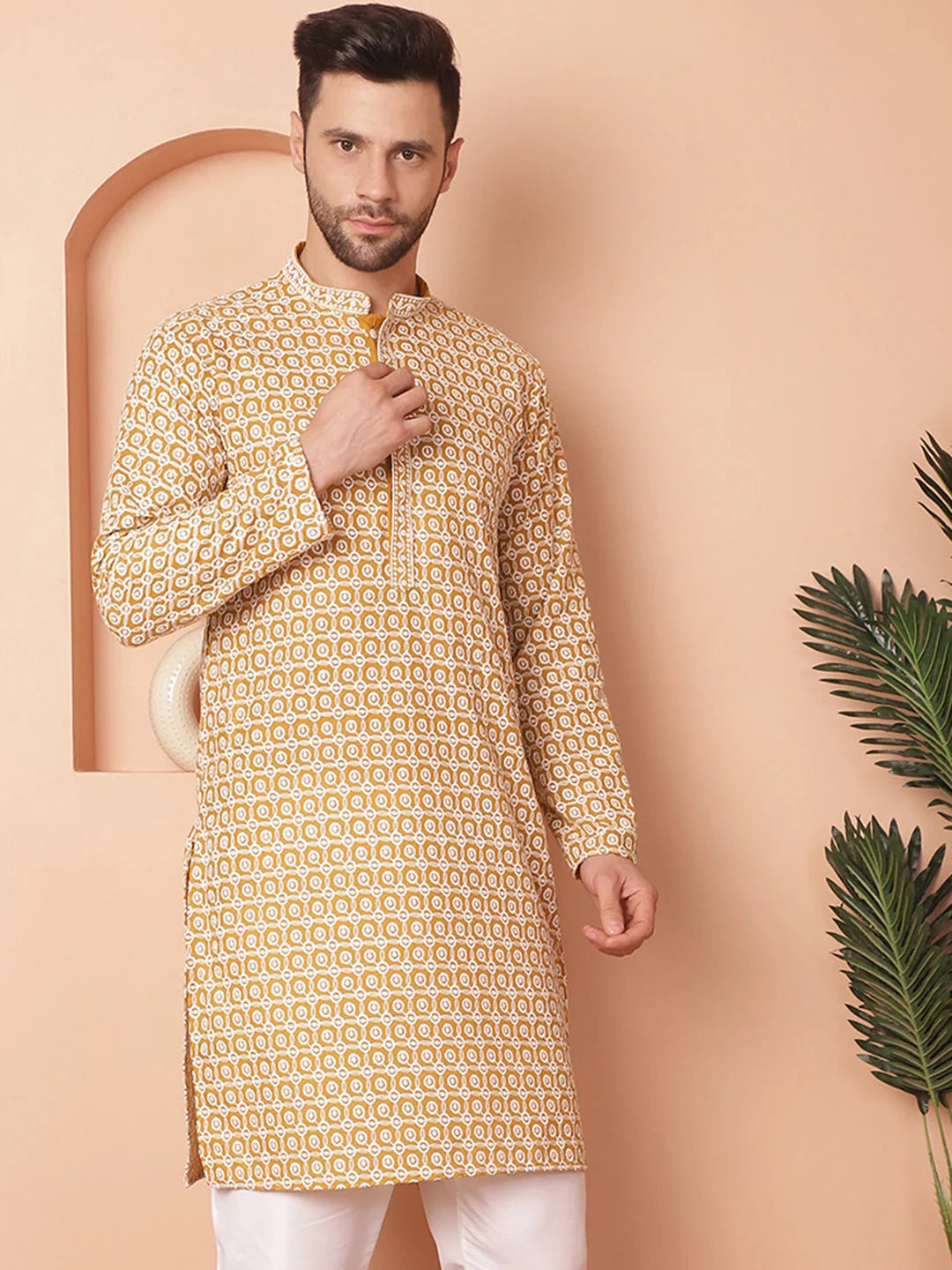 Mustard Chikankari Indian Kurta for Men - Cotton Mens Kurta