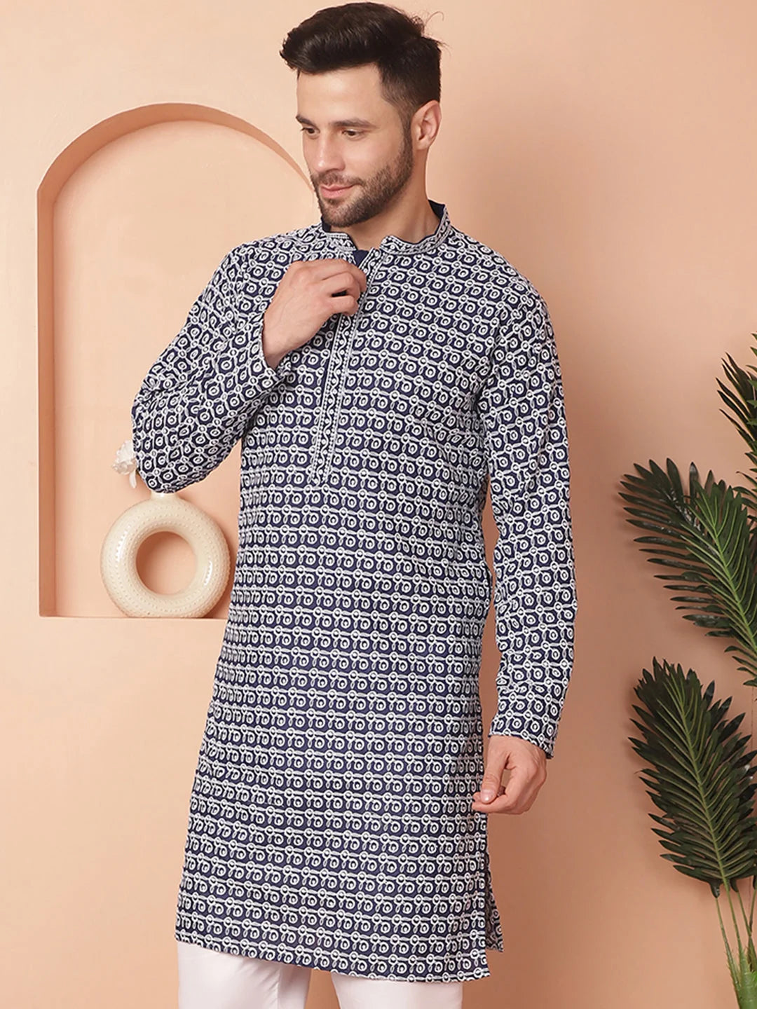 Navy Chikankari Indian Kurta for Men | Cotton Mens Kurta