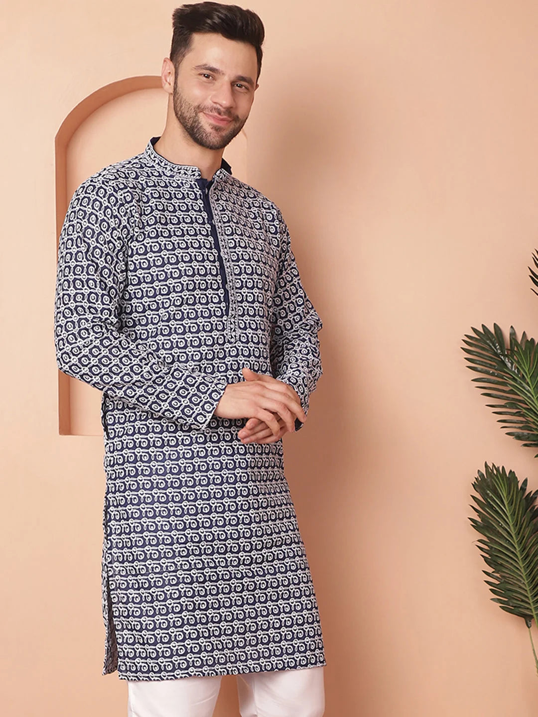 Navy Chikankari Indian Kurta for Men | Cotton Mens Kurta