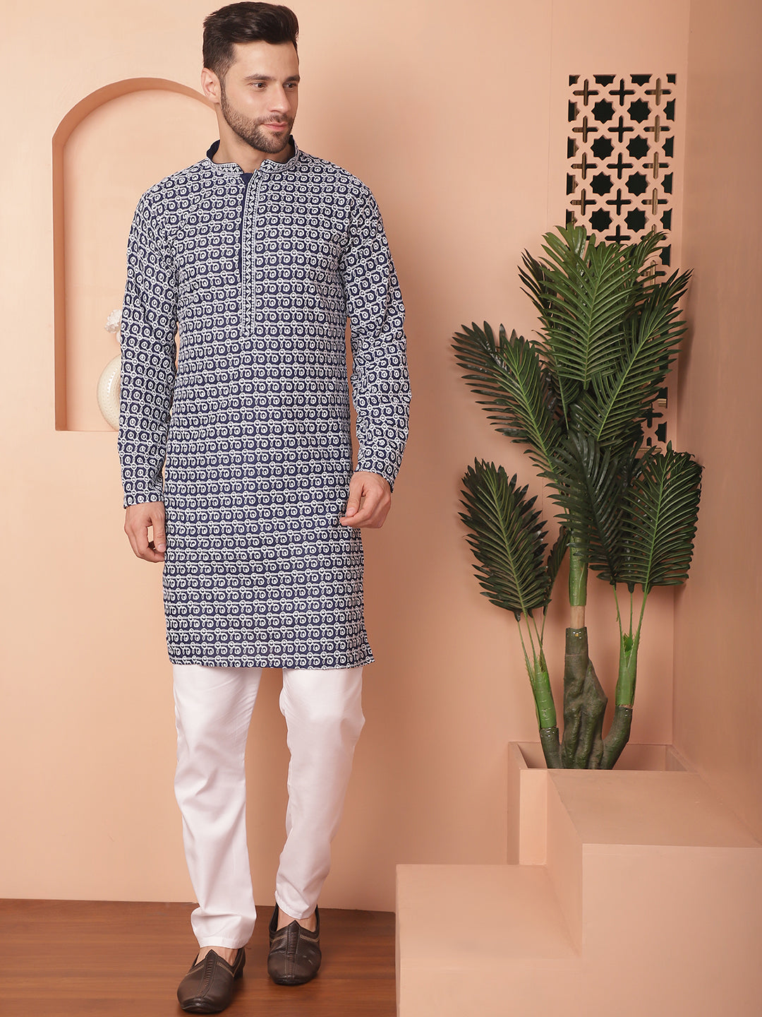 Navy Chikankari Indian Kurta for Men | Cotton Mens Kurta