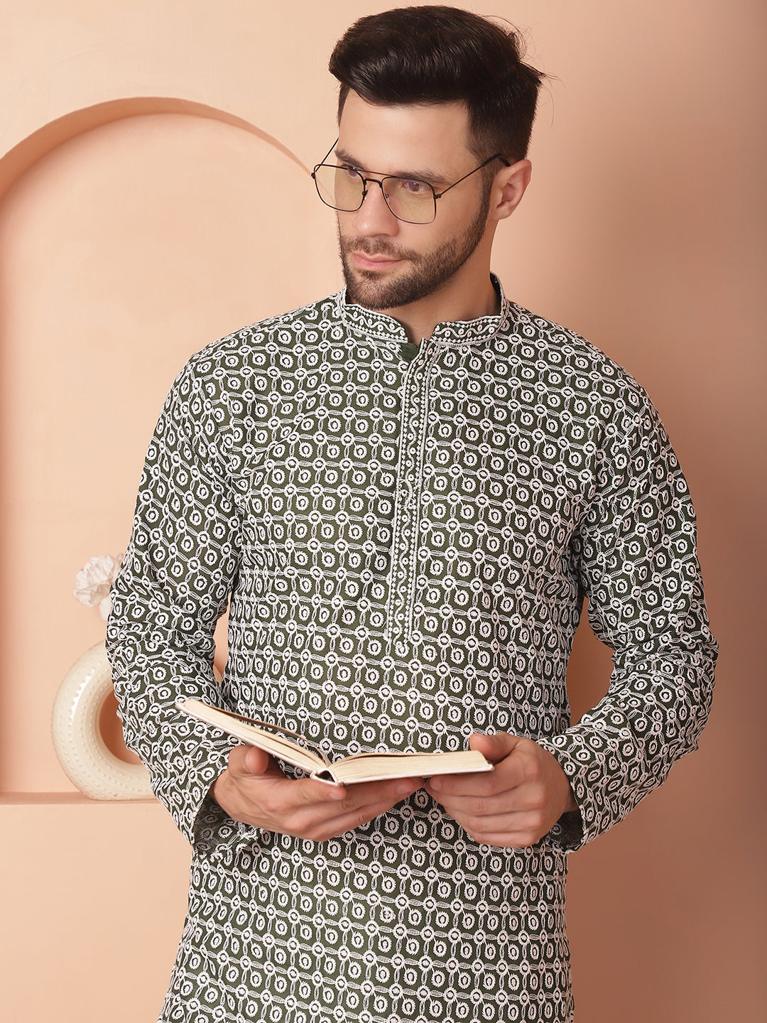 Chikankari Pure Cotton Kurtas-KO-5049Olive
