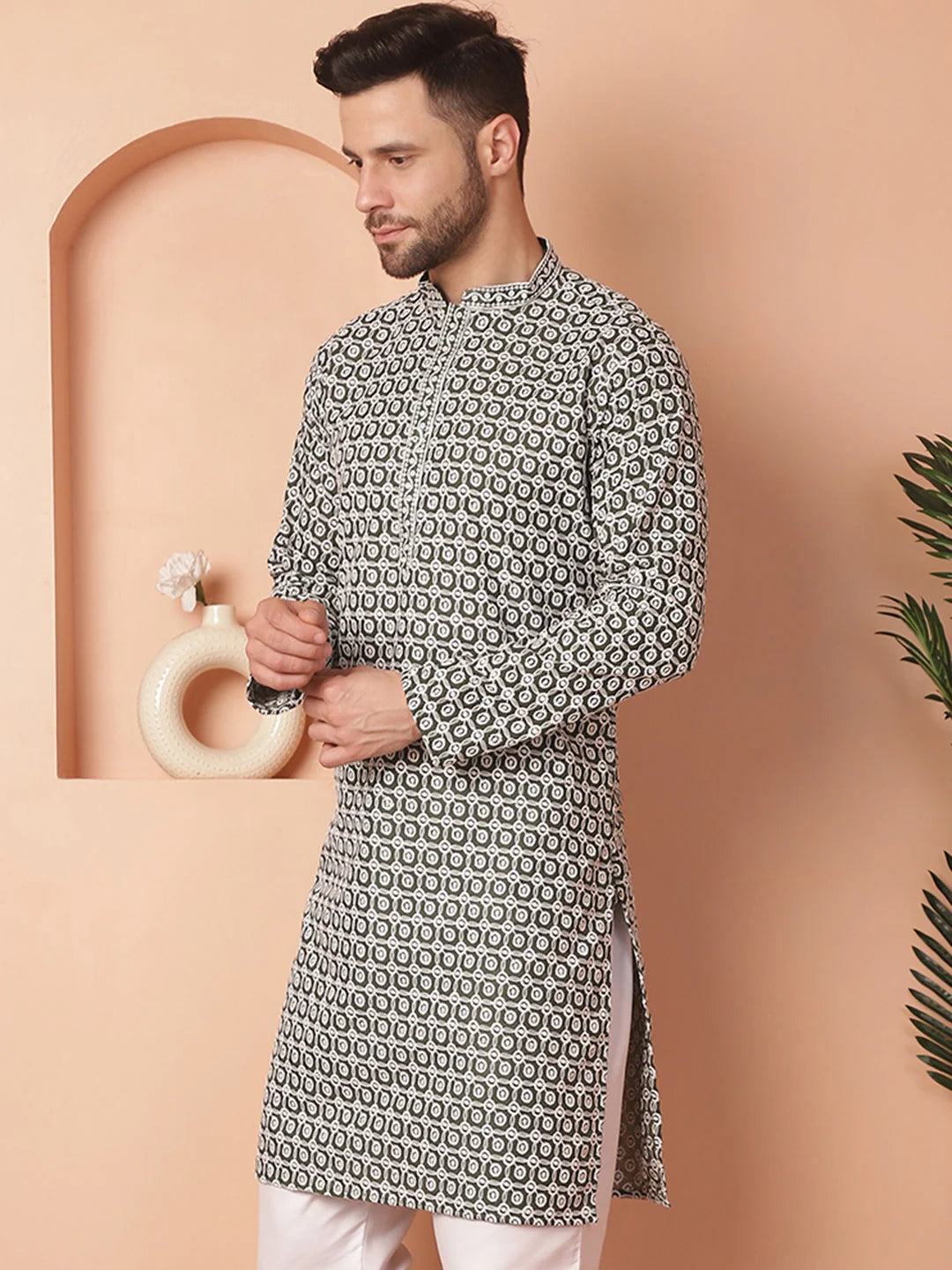 Olive Chikankari Mens Kurta | Embroidered Indian Kurta for Men