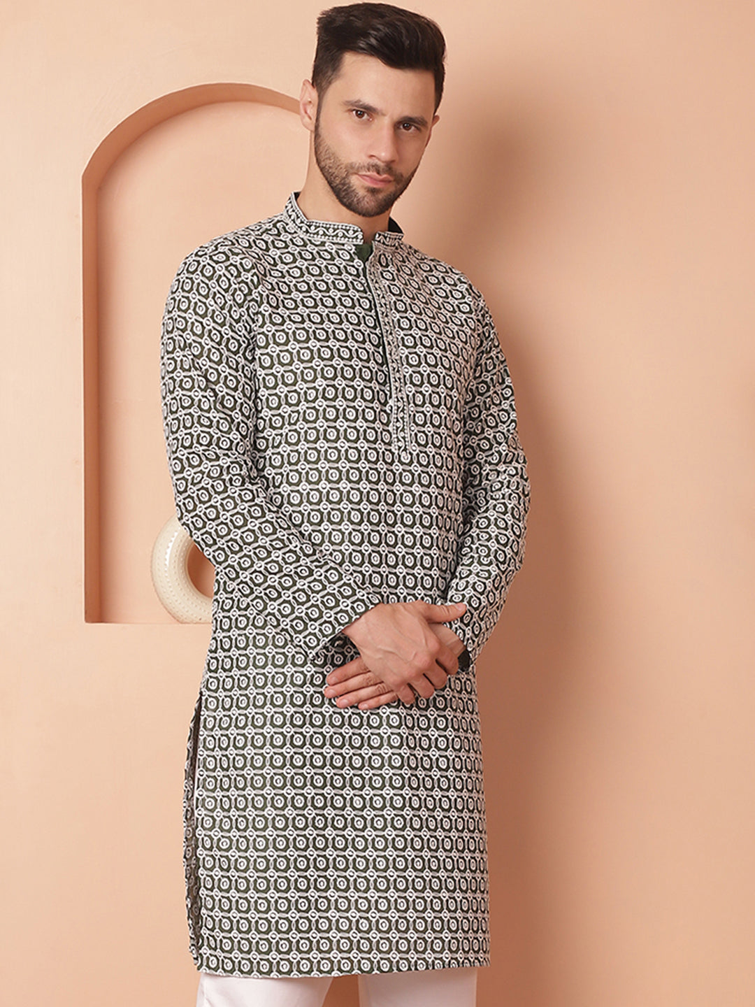 Olive Chikankari Mens Kurta | Embroidered Indian Kurta for Men