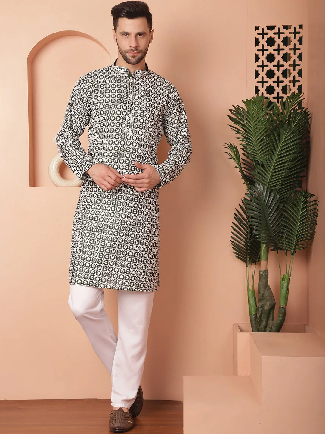 Olive Chikankari Mens Kurta | Embroidered Indian Kurta for Men