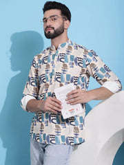Men Printed Corduroy Short Kurta-KO-5050Beige