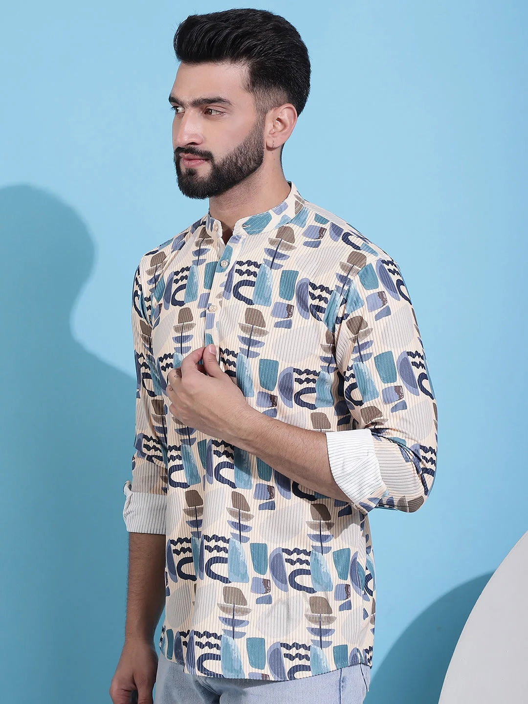 Beige Mens Kurta - Printed Corduroy Short Indian Kurta