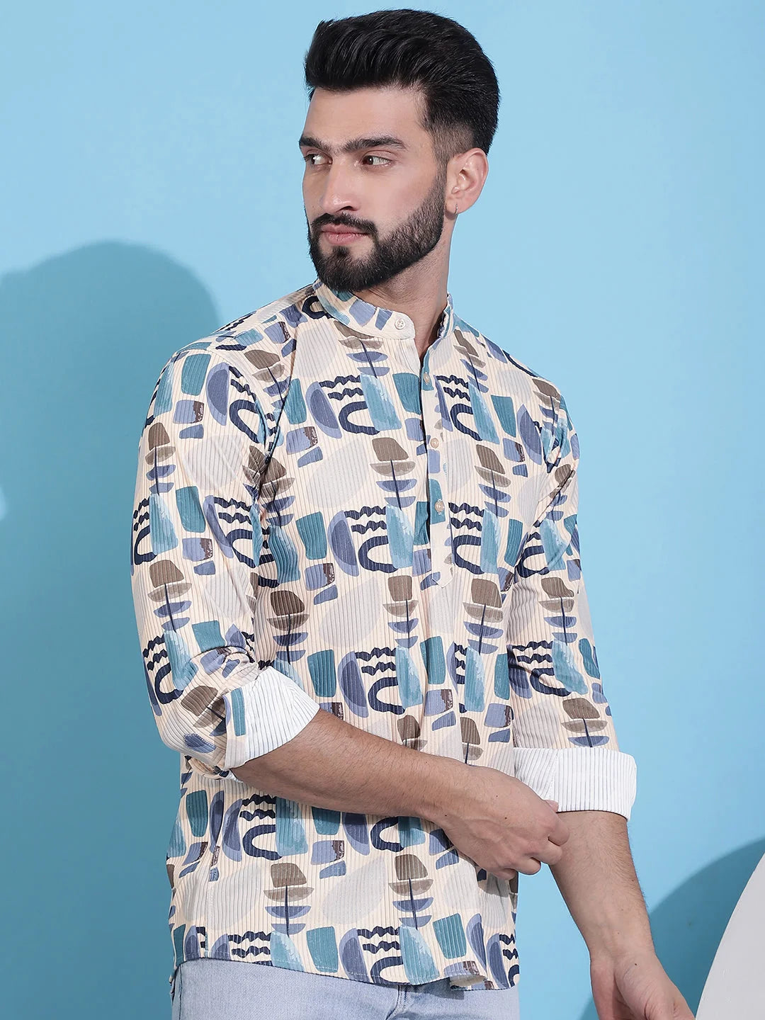 Beige Mens Kurta - Printed Corduroy Short Indian Kurta