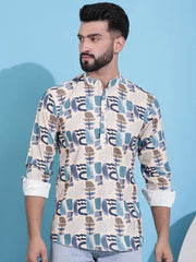 Men Printed Corduroy Short Kurta-KO-5050Beige