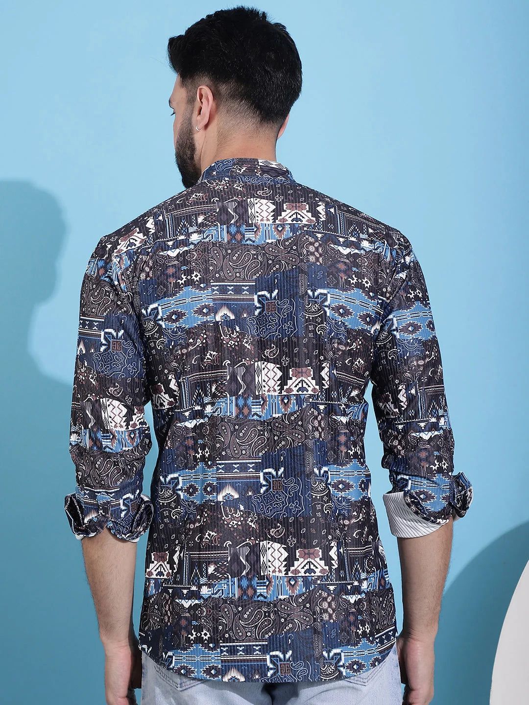 Black Mens Kurta - Printed Corduroy Short Kurta for Men
