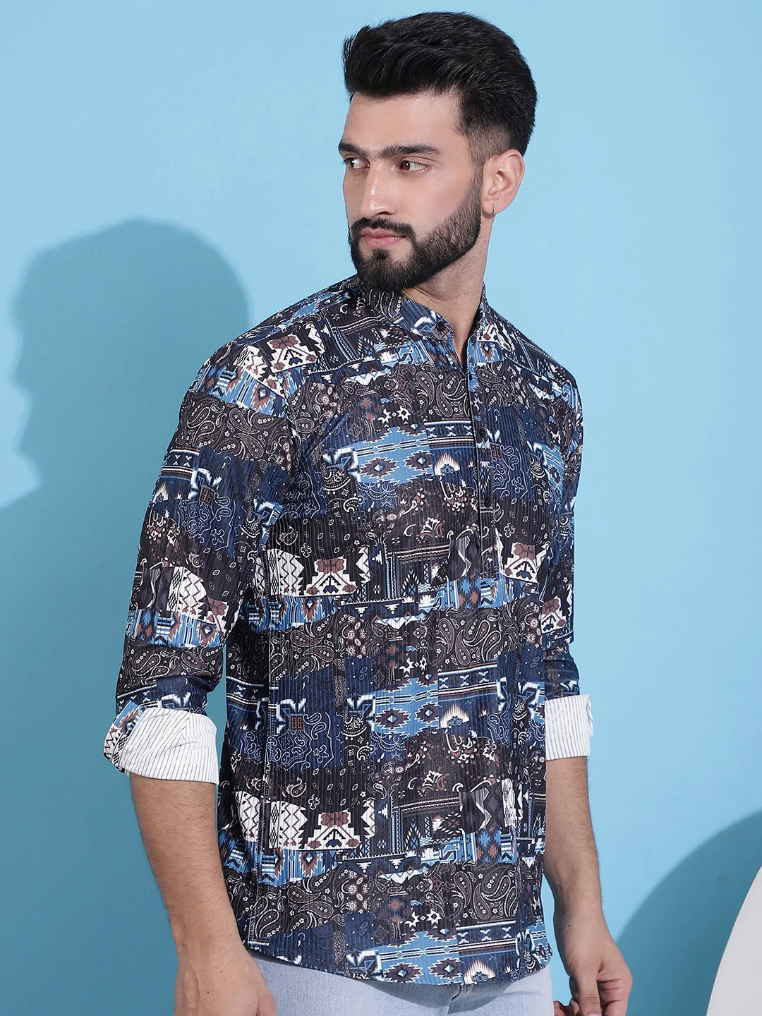 Black Mens Kurta - Printed Corduroy Short Kurta for Men