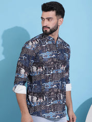 Men Printed Corduroy Short Kurta-KO-5050Black