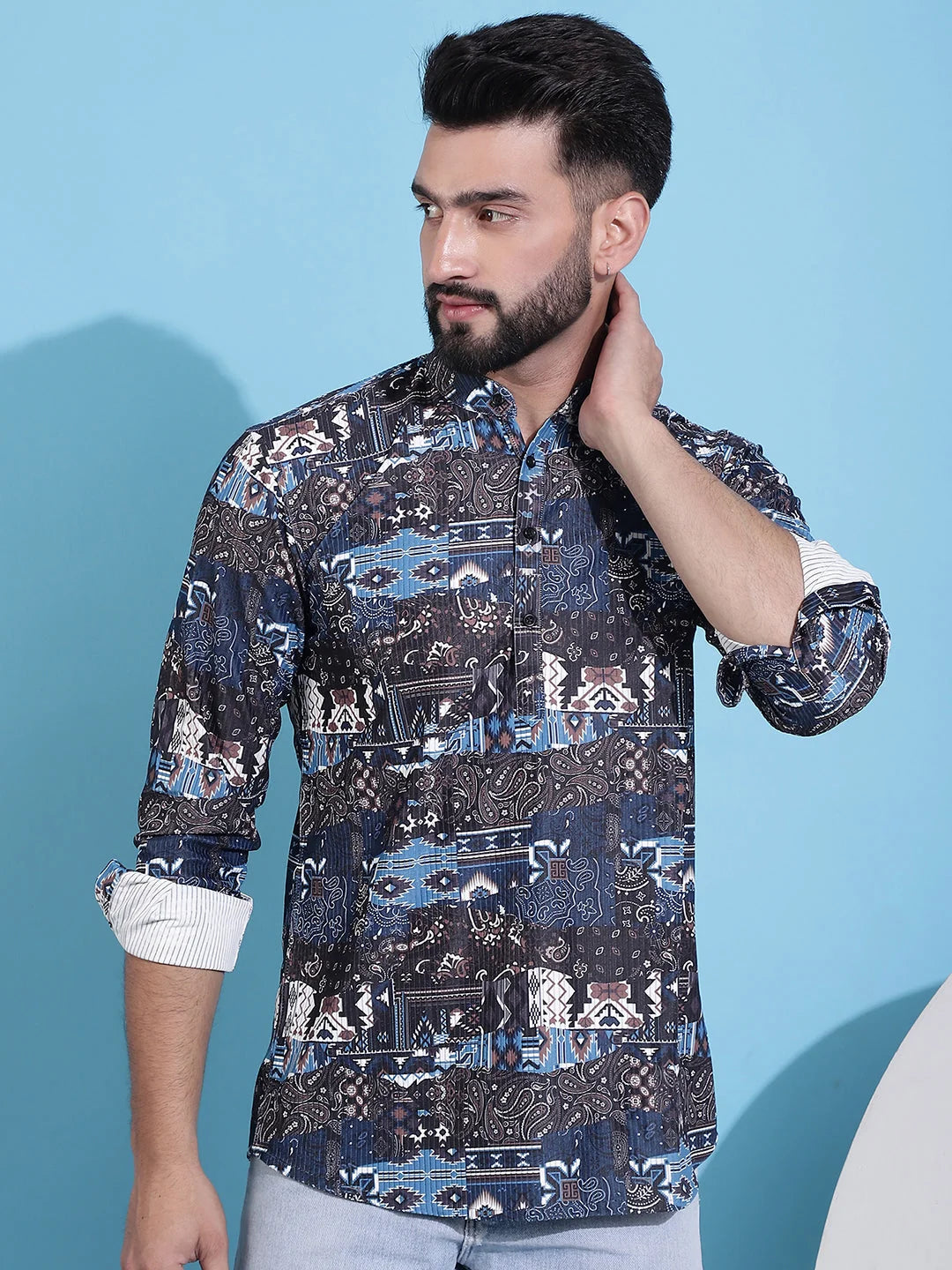Black Mens Kurta - Printed Corduroy Short Kurta for Men