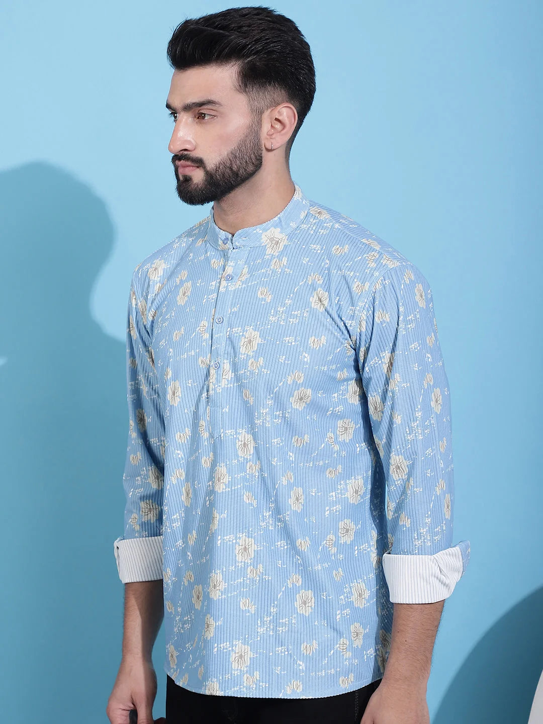 Blue Mens Kurta - Printed Corduroy Short Indian Kurta