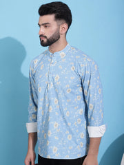 Men Printed Corduroy Short Kurta-KO-5050Blue